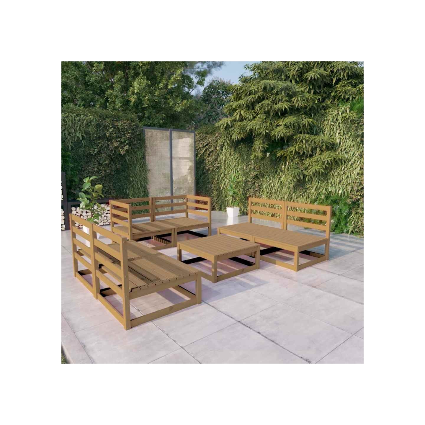 Salon de jardin 7 pcs marron miel bois de pin massif