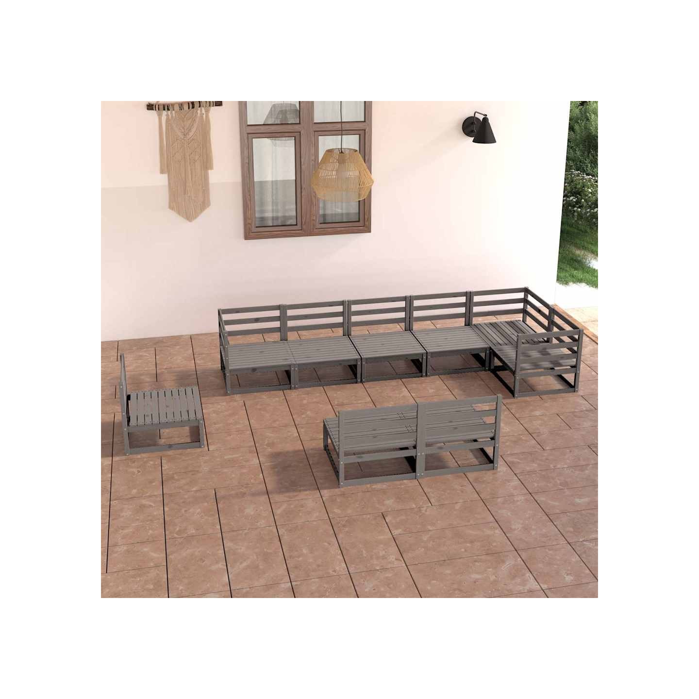 Salon de jardin 9 pcs gris bois de pin massif