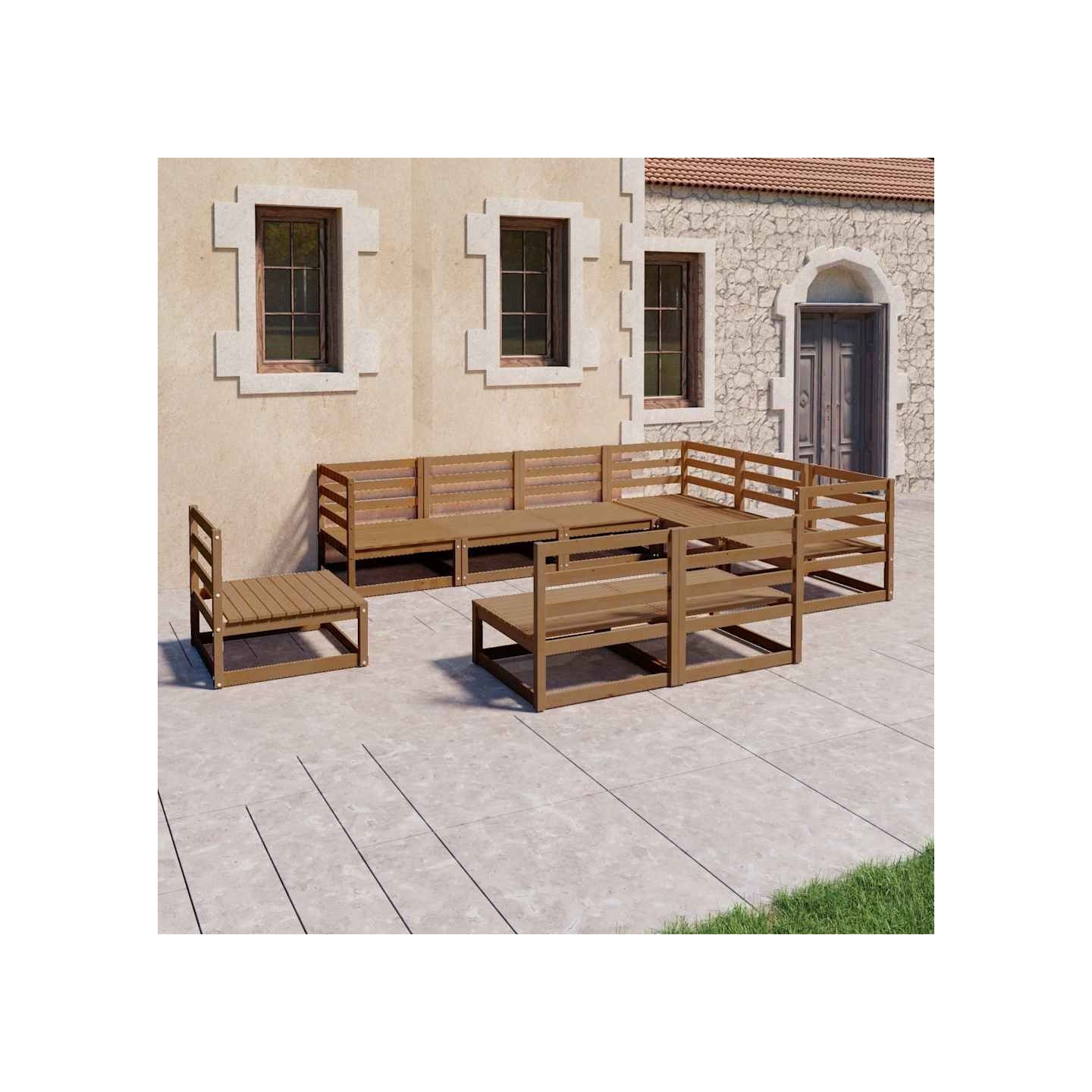 Salon de jardin 9 pcs marron miel bois de pin massif