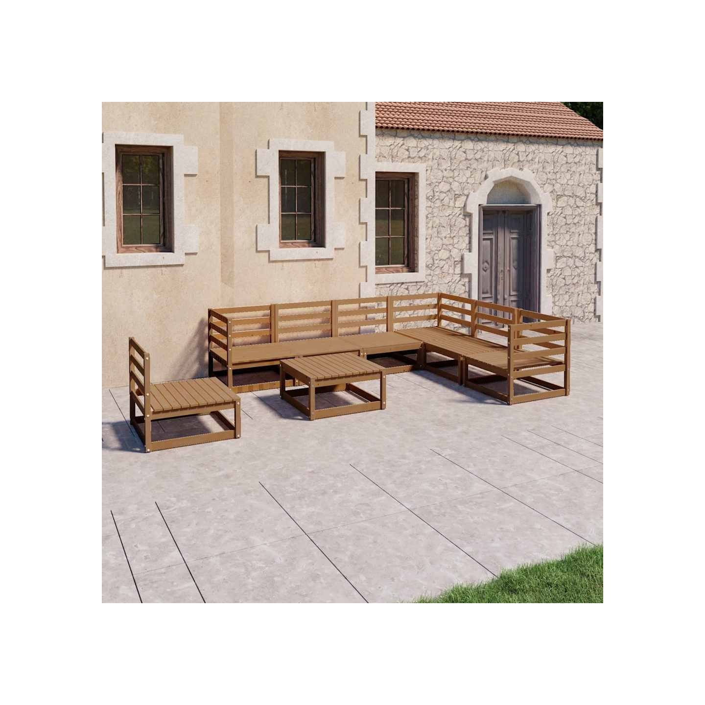 Salon de jardin 8 pcs marron miel bois de pin massif