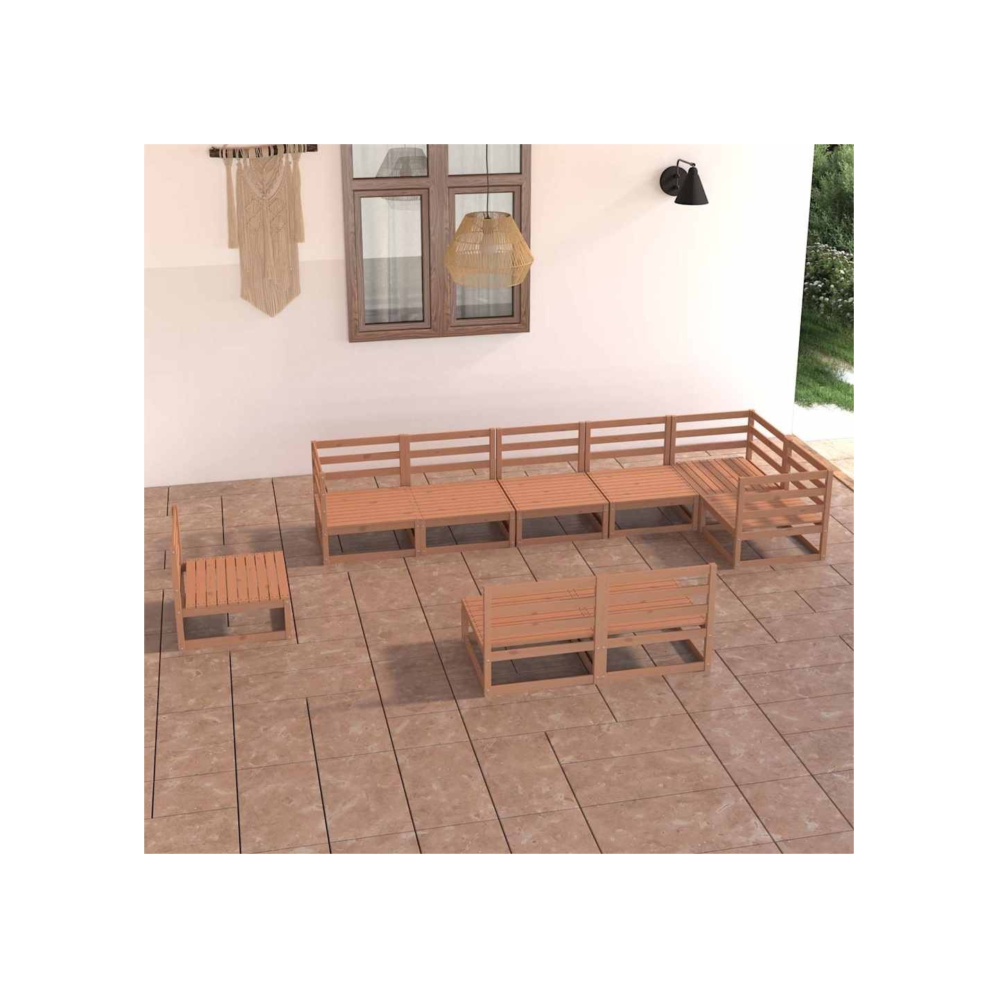Salon de jardin 9 pcs marron miel bois de pin massif