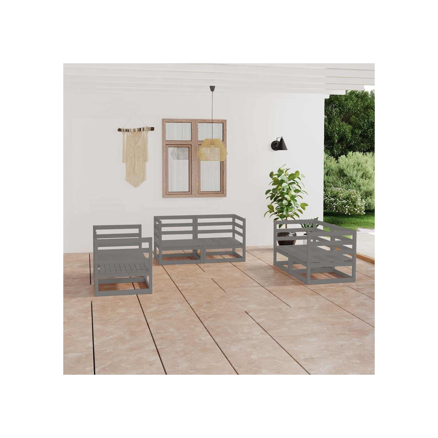 Salon de jardin 6 pcs Gris Bois de pin massif