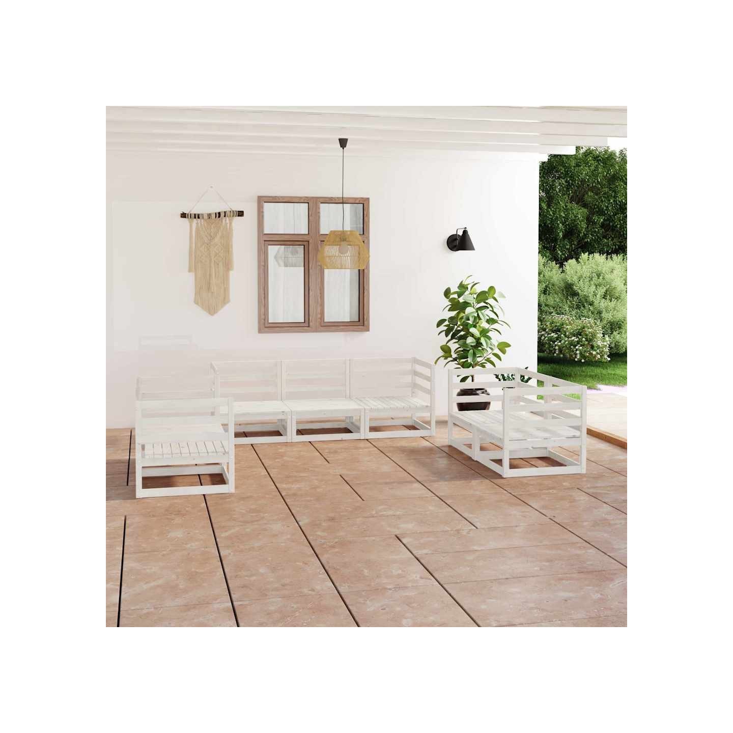 Salon de jardin 7 pcs Blanc Bois de pin massif
