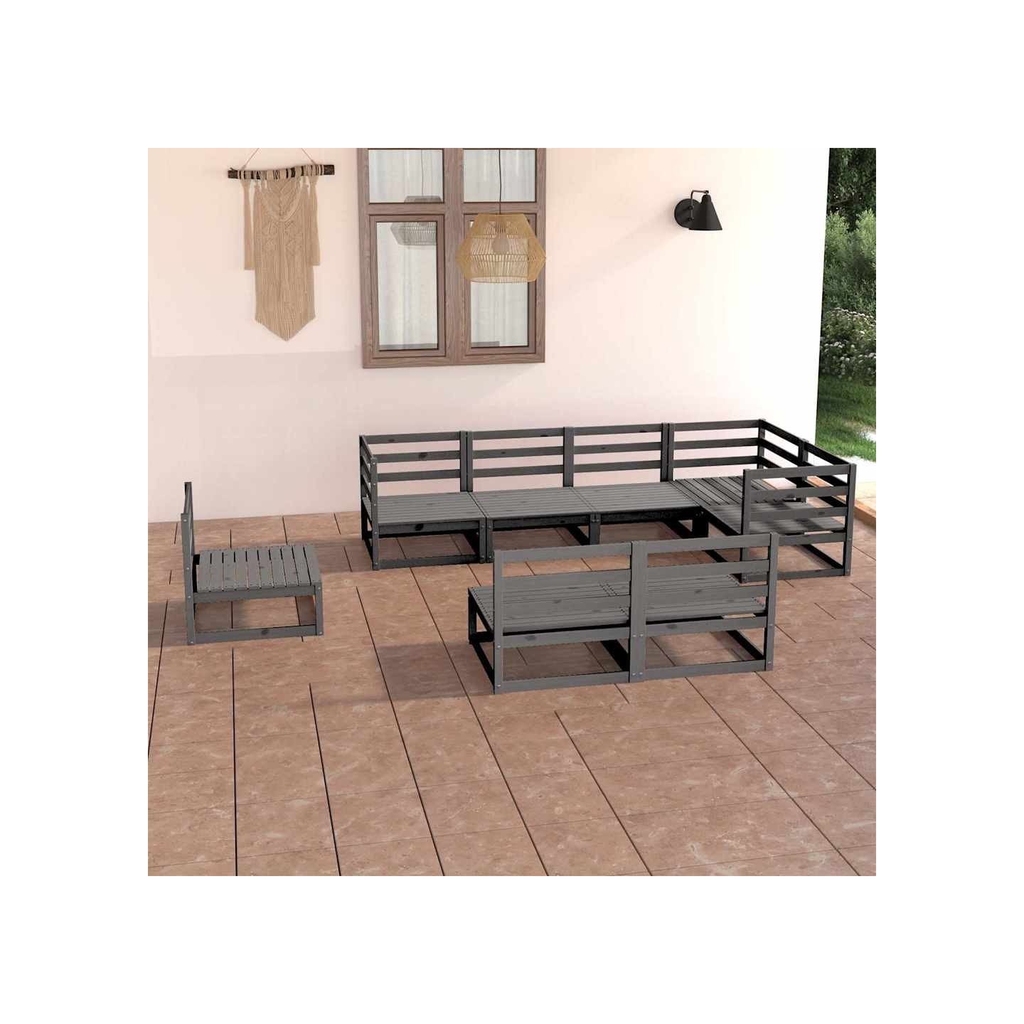 Salon de jardin 8 pcs gris bois de pin massif