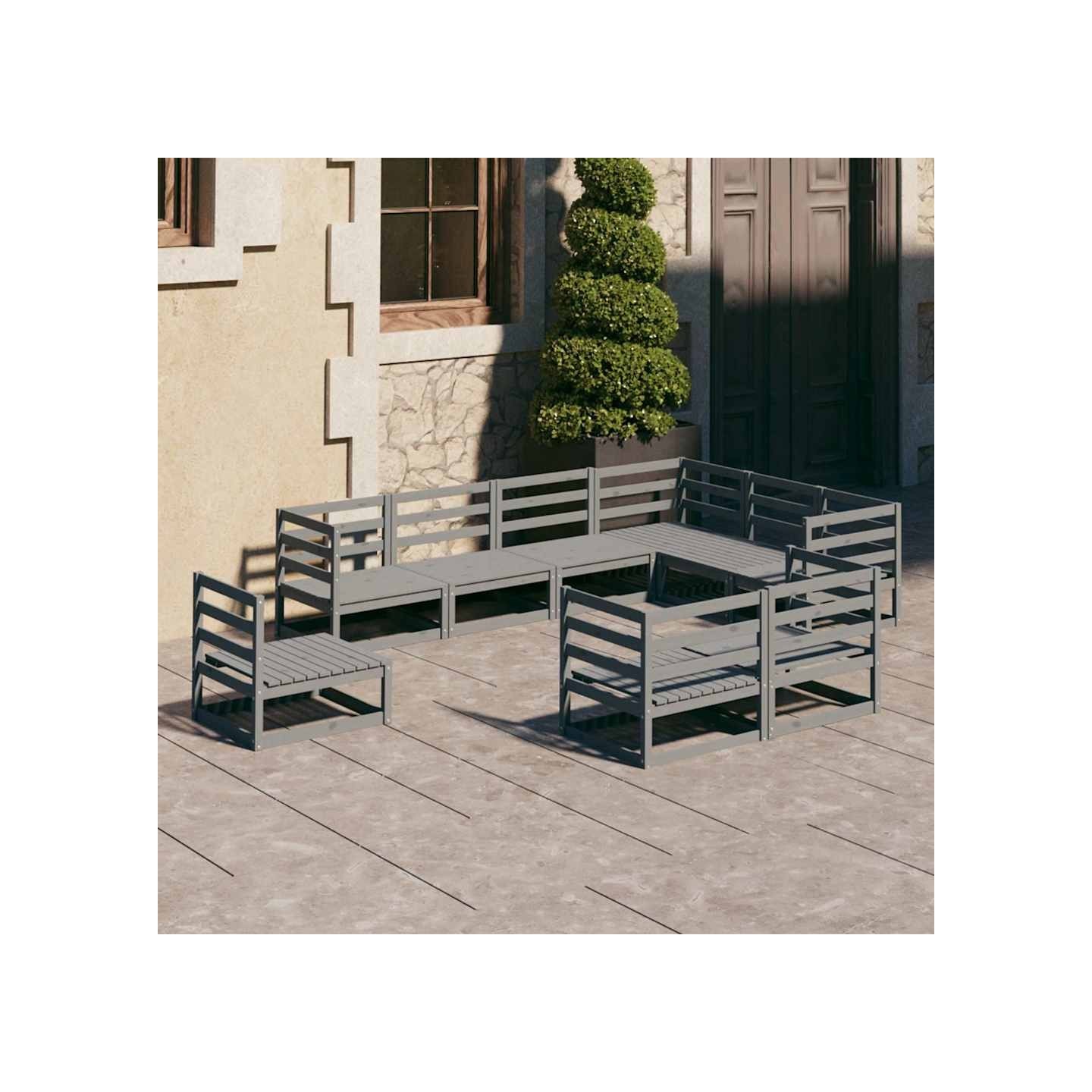 Salon de jardin 9 pcs gris bois de pin massif