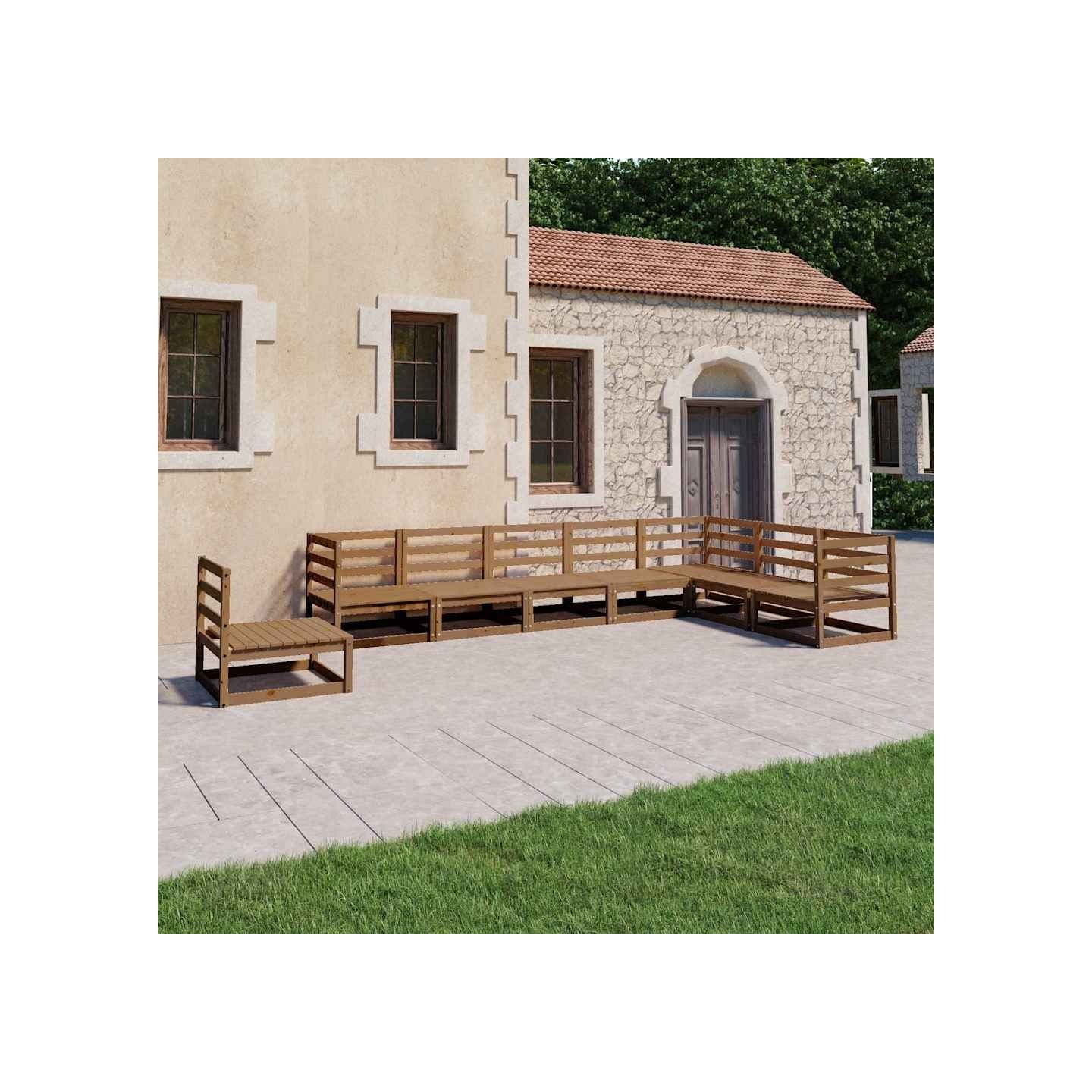 Salon de jardin 8 pcs marron miel bois de pin massif
