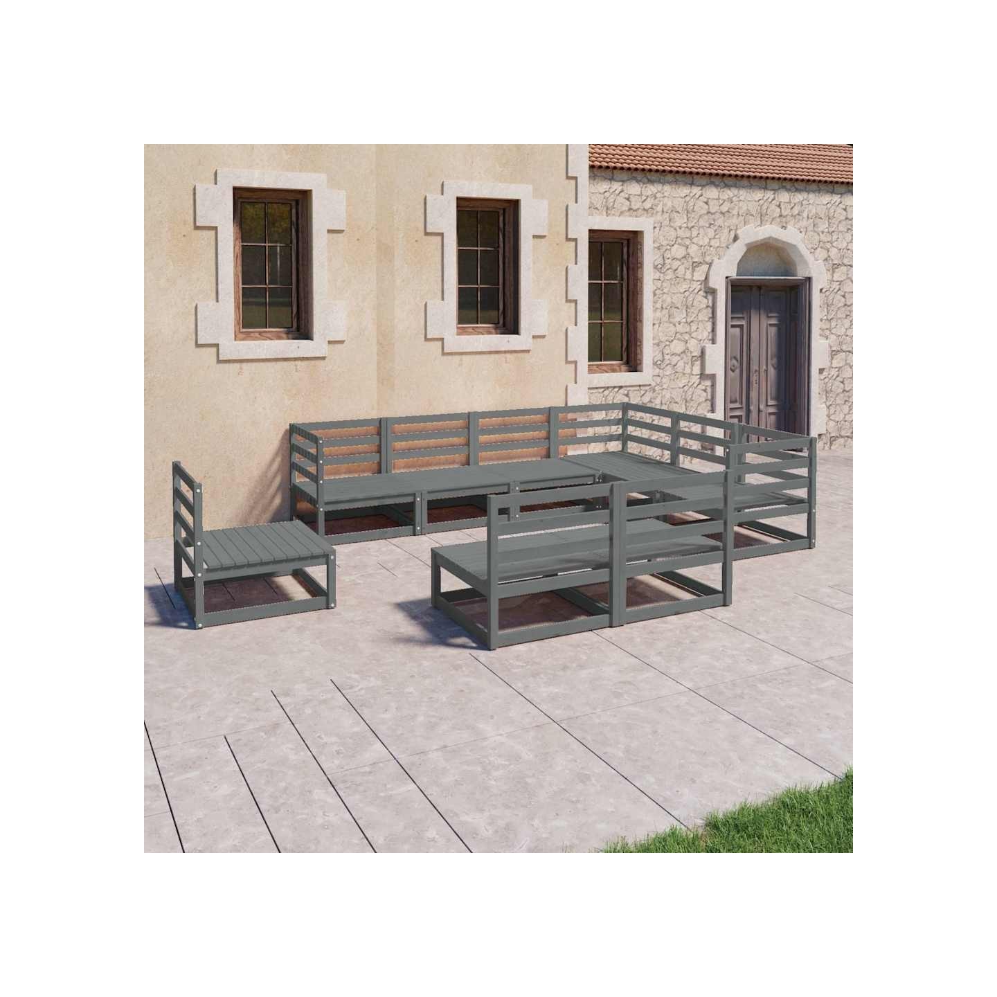 Salon de jardin 9 pcs gris bois de pin massif