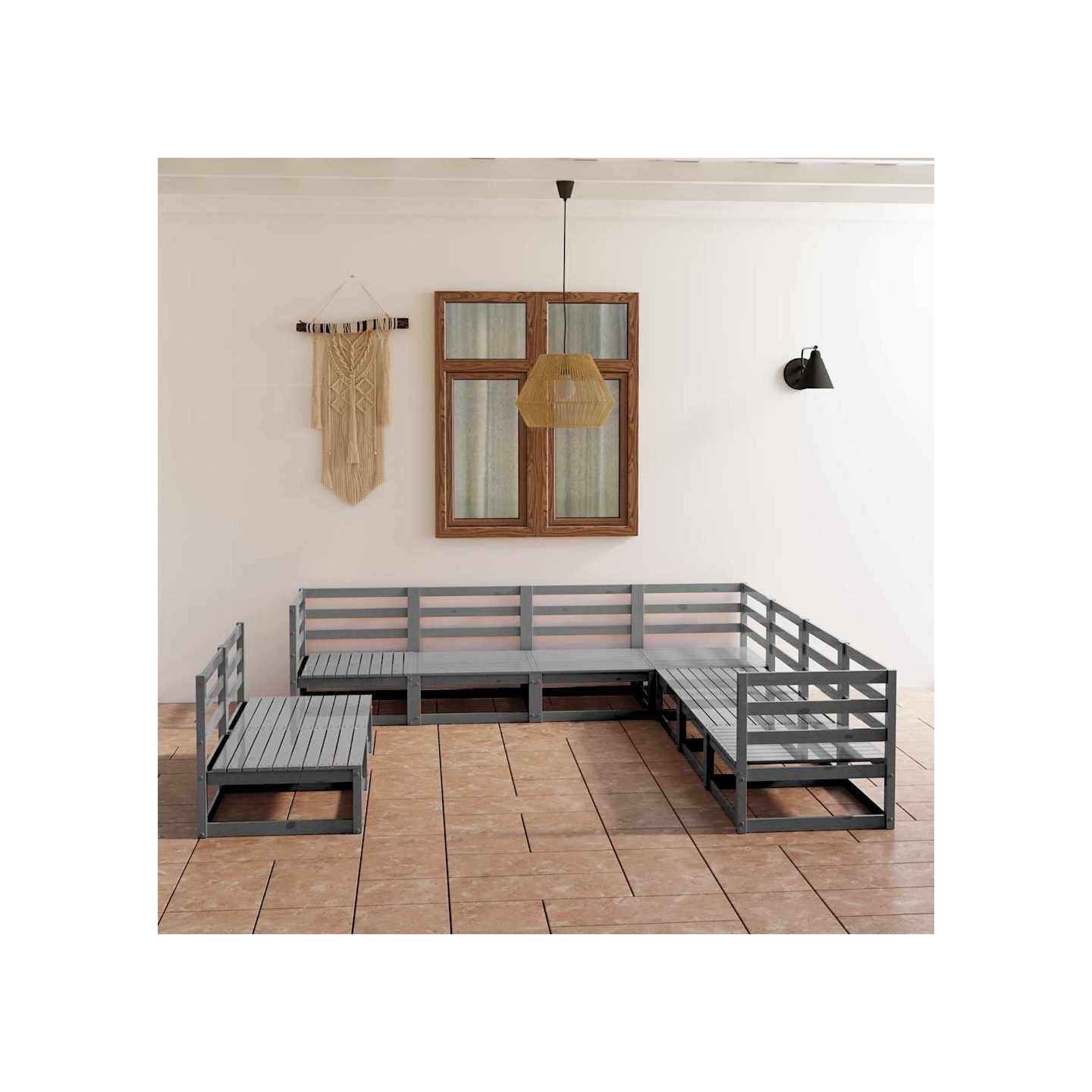 Salon de jardin 9 pcs gris bois de pin massif