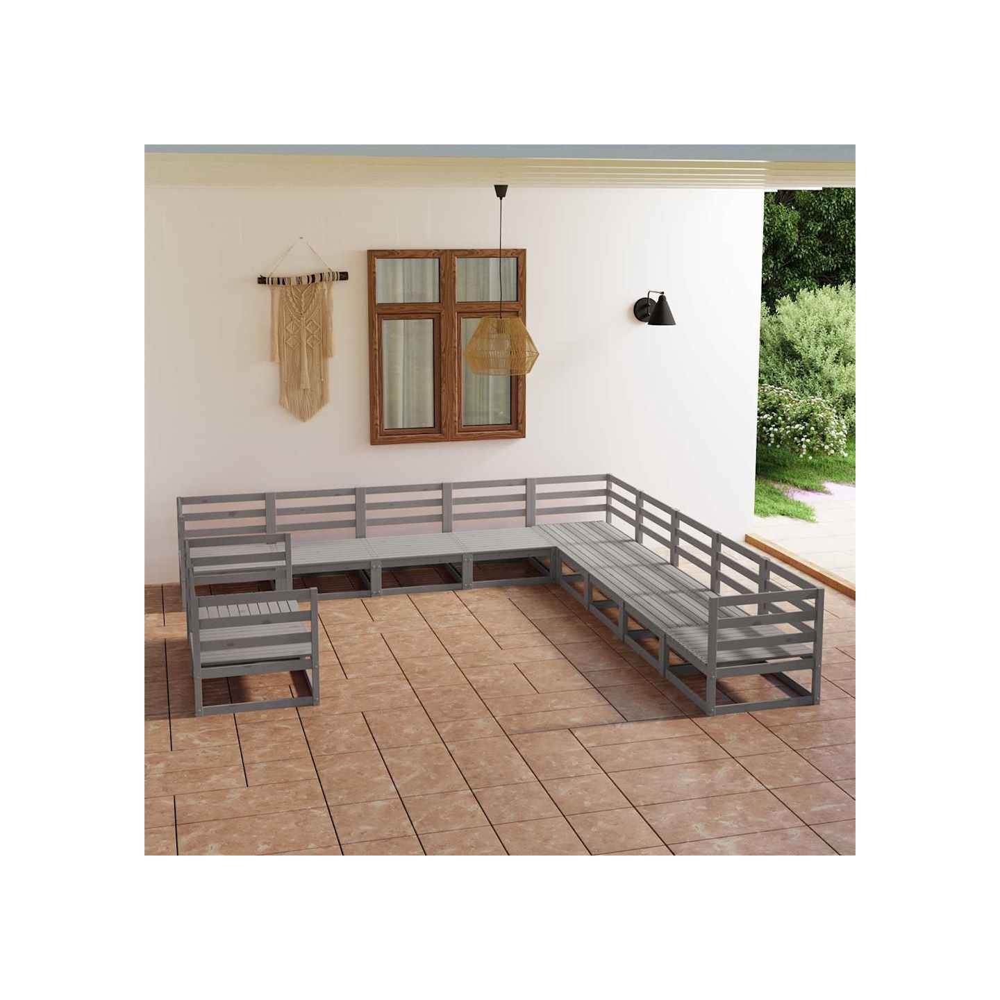 Salon de jardin 11 pcs gris bois de pin massif