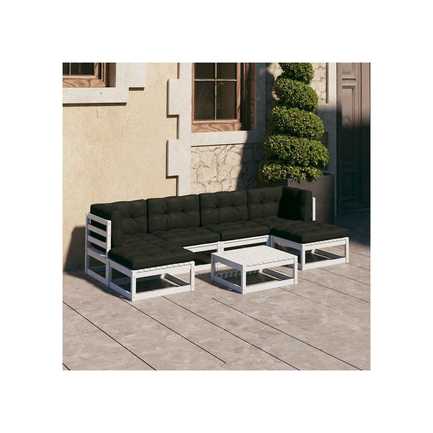 Salon de jardin 7 pcs avec coussins blanc bois de pin massif
