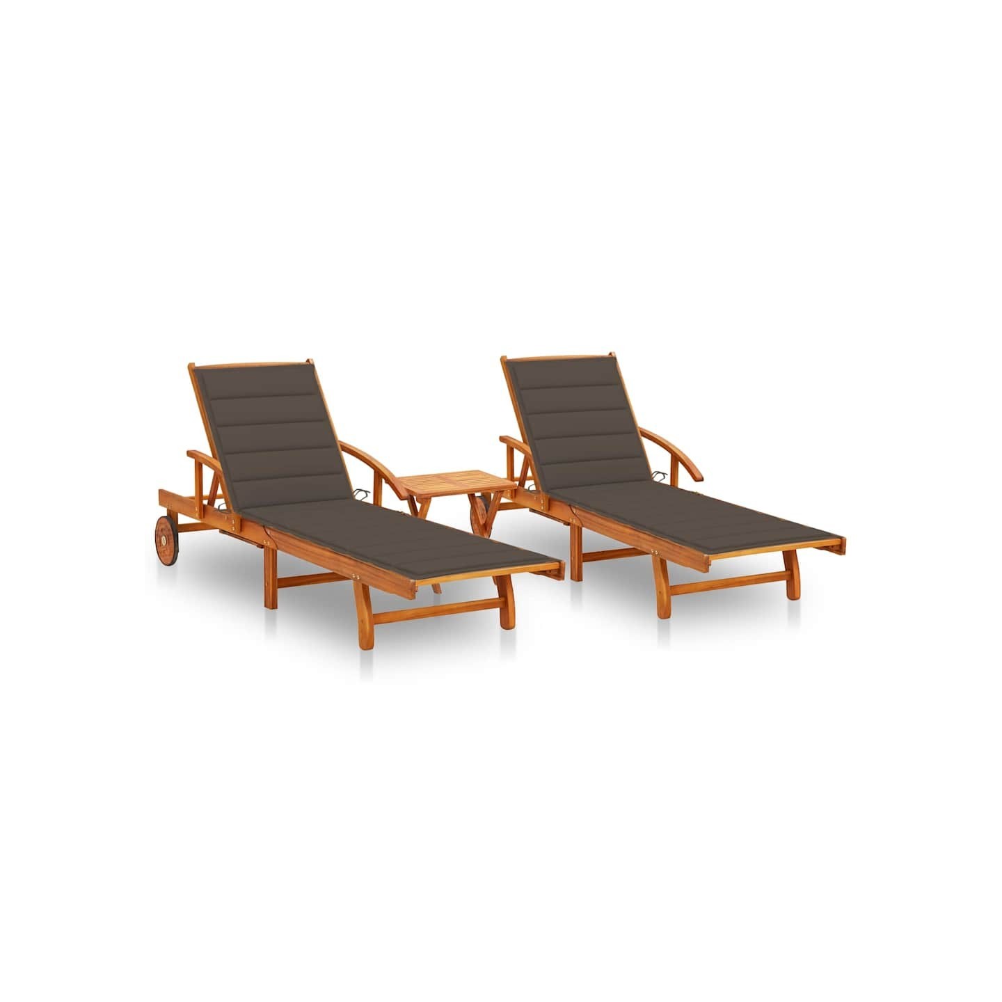 Chaises longues lot de 2 avec table et coussins Acacia solide