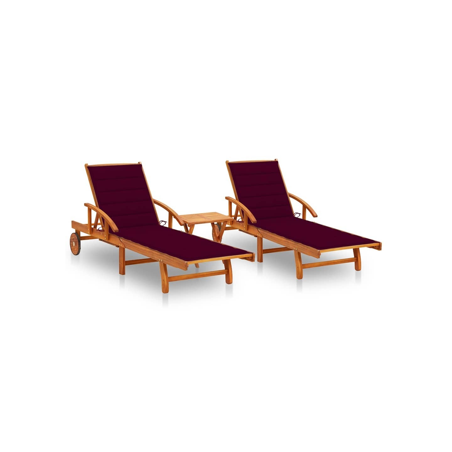 Chaises longues lot de 2 avec table et coussins Acacia solide