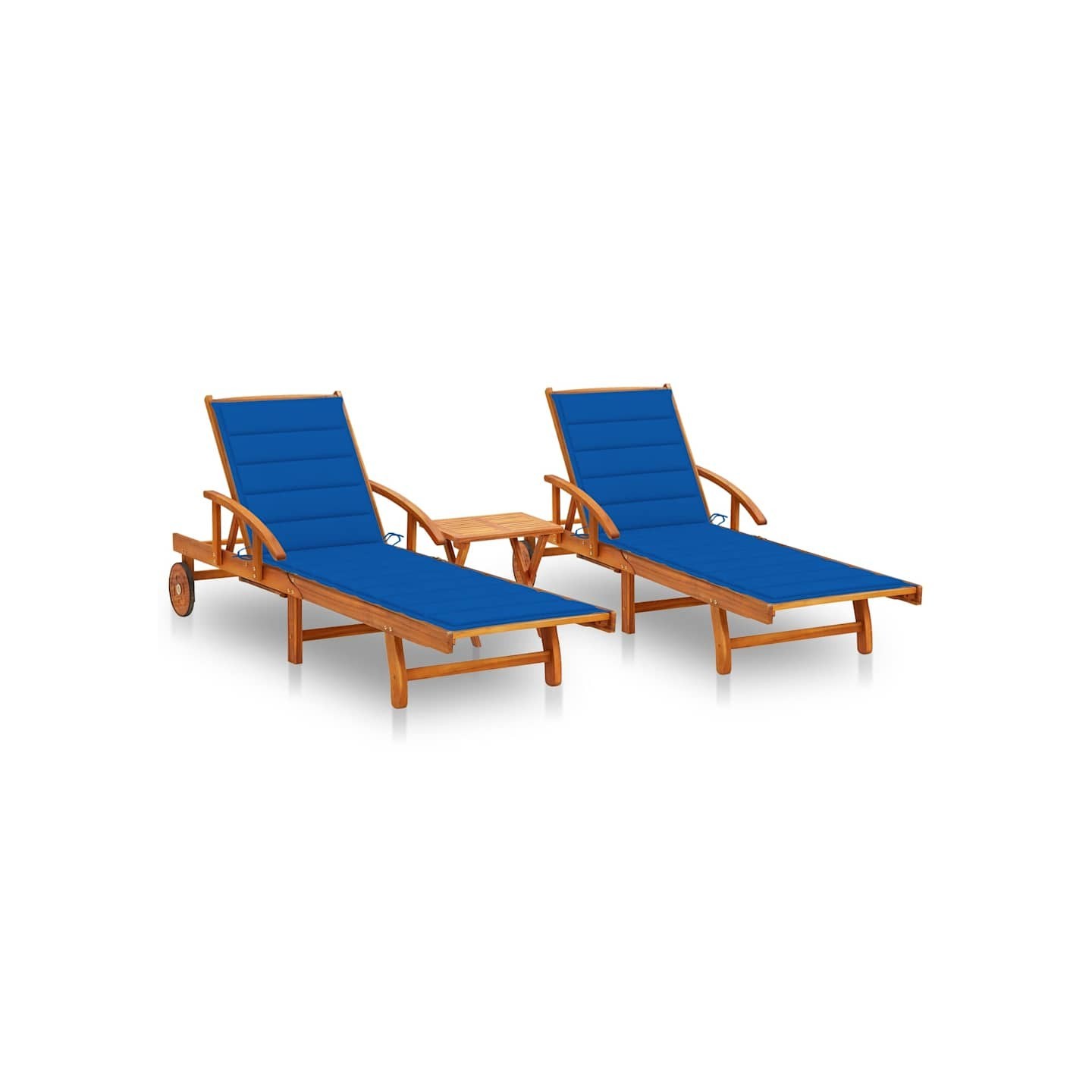 Chaises longues lot de 2 avec table et coussins Acacia solide