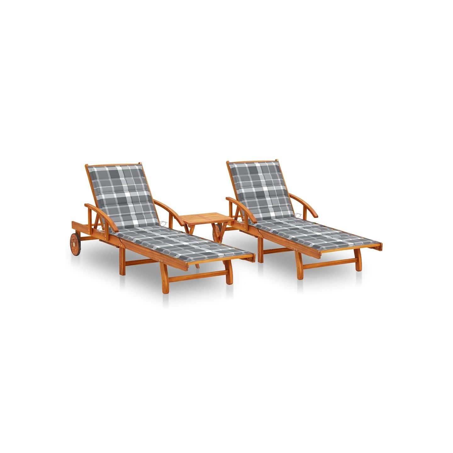 Chaises longues lot de 2 avec table et coussins Acacia solide