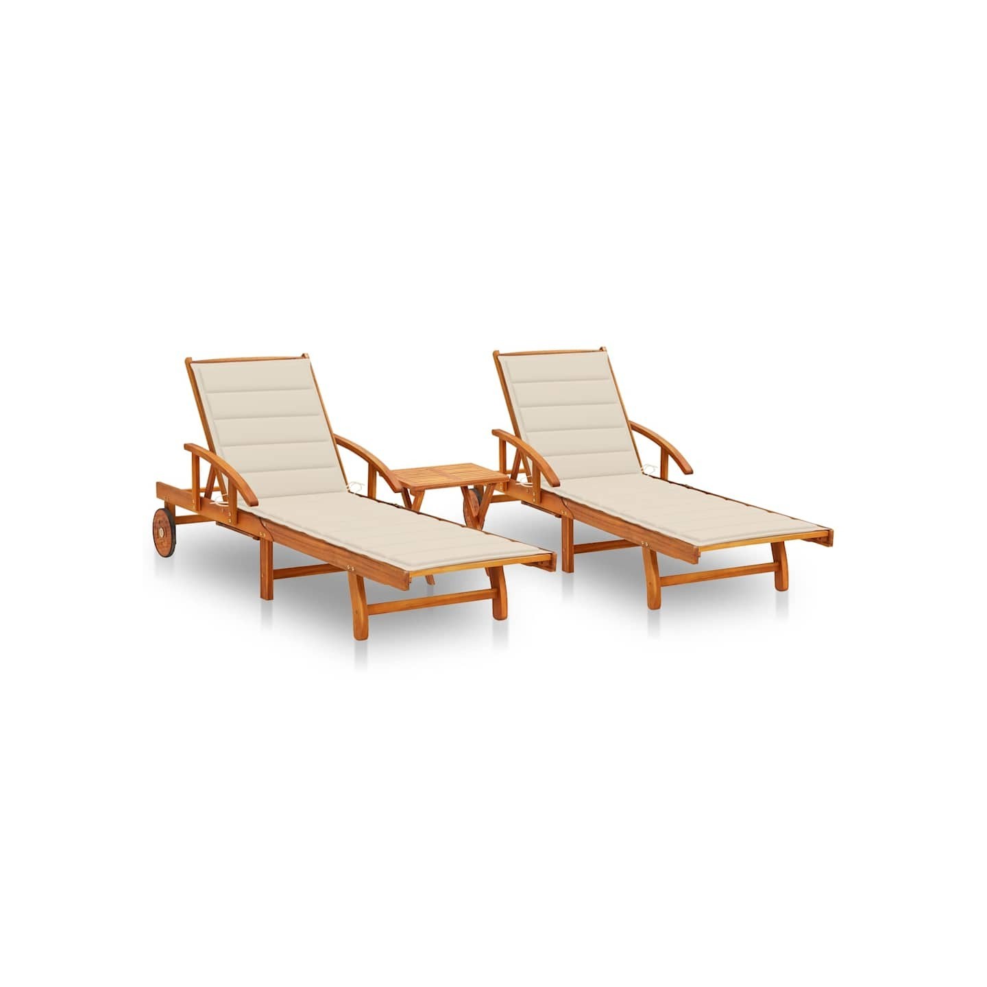 Chaises longues lot de 2 avec table et coussins Acacia solide
