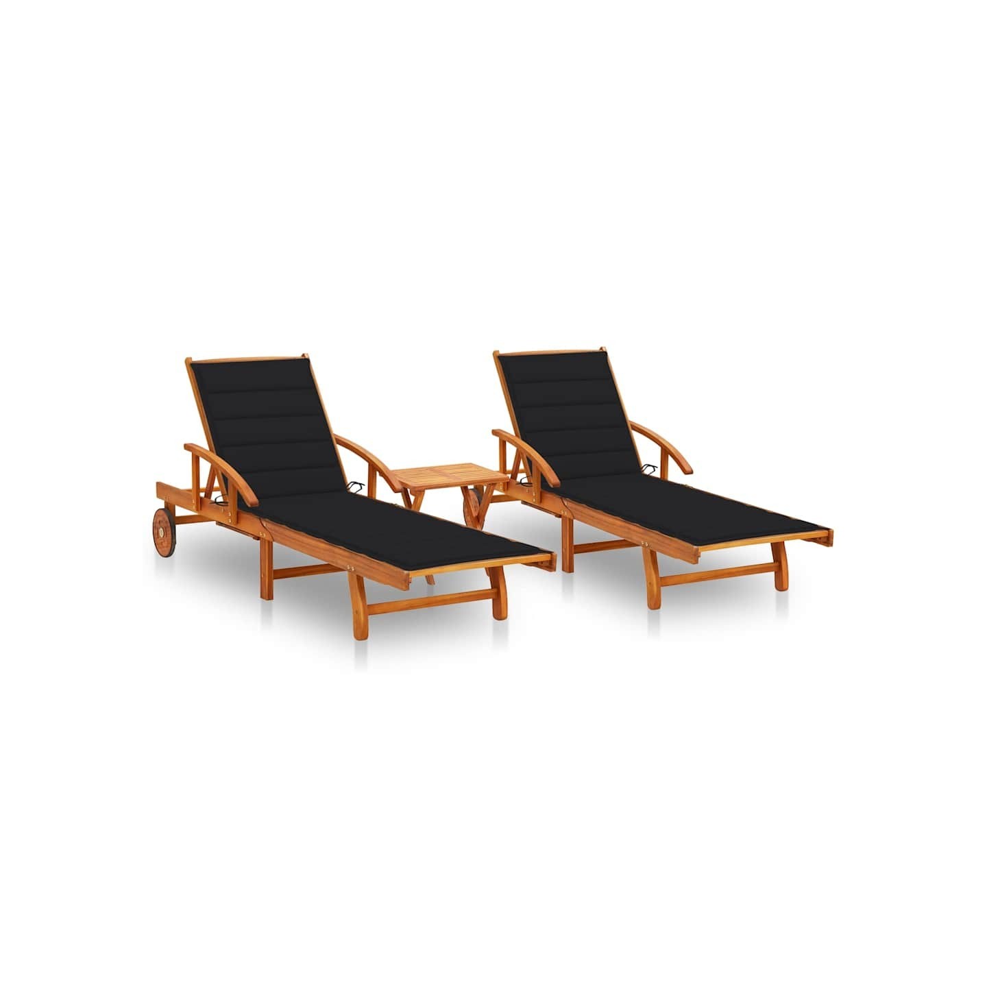 Chaises longues lot de 2 avec table et coussins Acacia solide