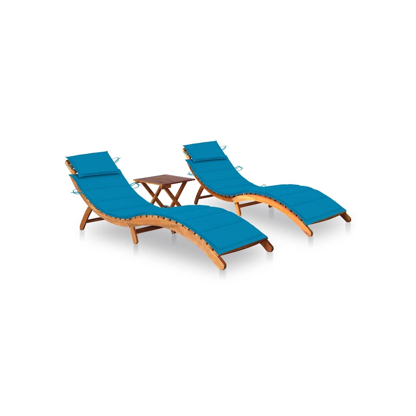 Chaises longues lot de 2 avec table et coussins Acacia solide