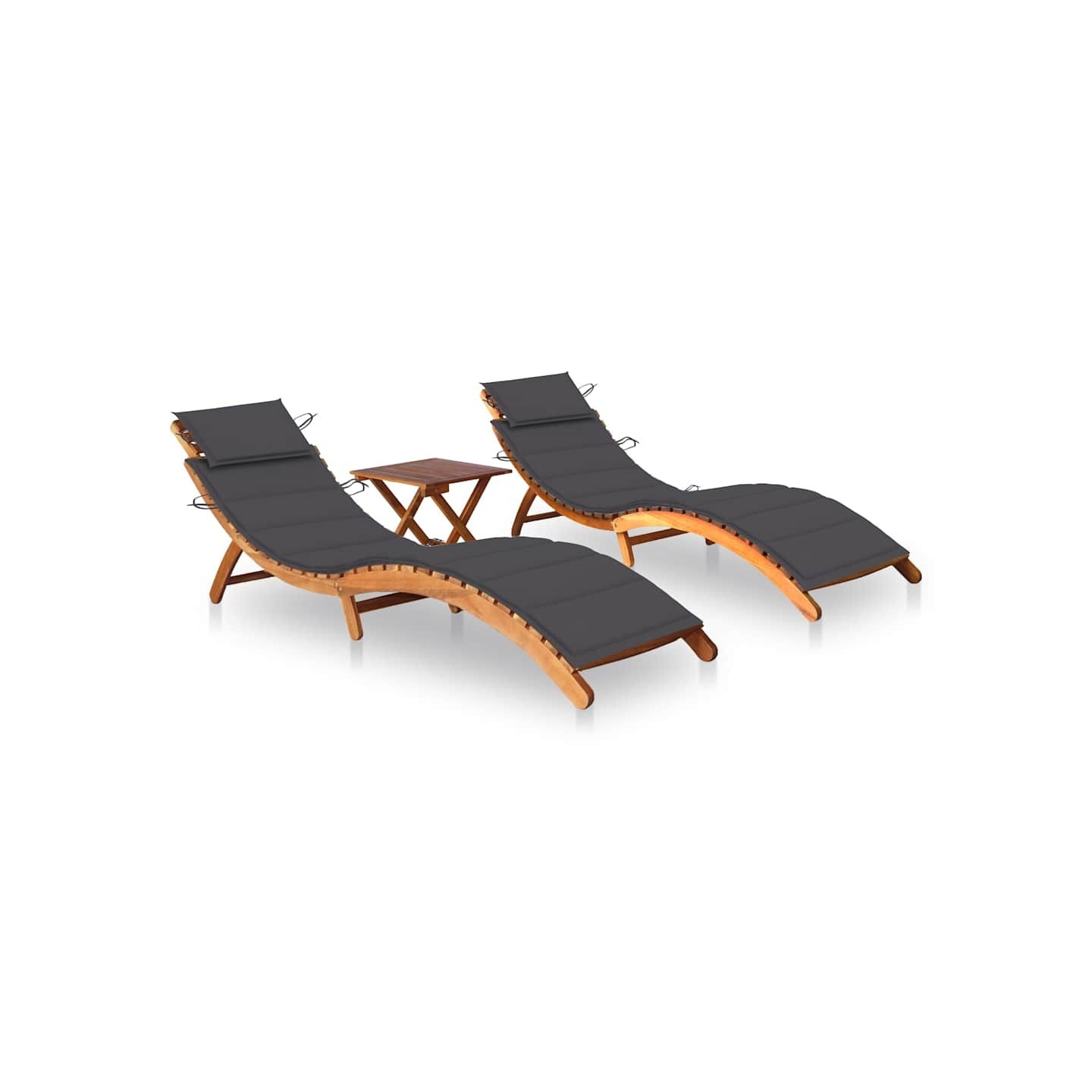 Chaises longues lot de 2 avec table et coussins Acacia solide