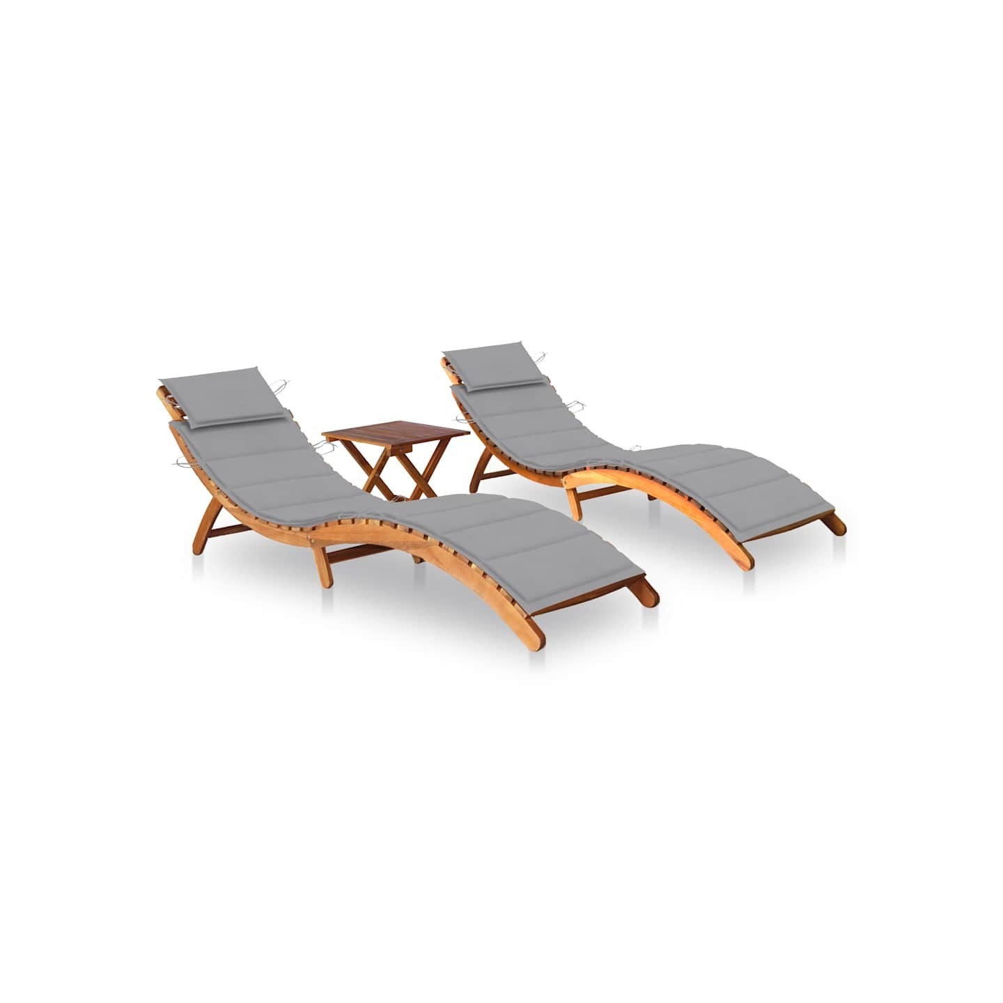 Chaises longues lot de 2 avec table et coussins Acacia solide