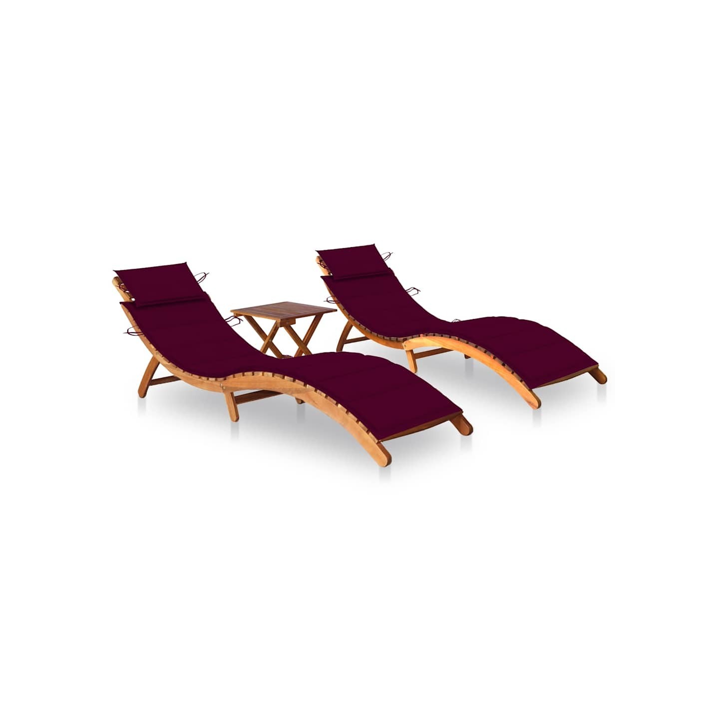 Chaises longues lot de 2 avec table et coussins Acacia solide