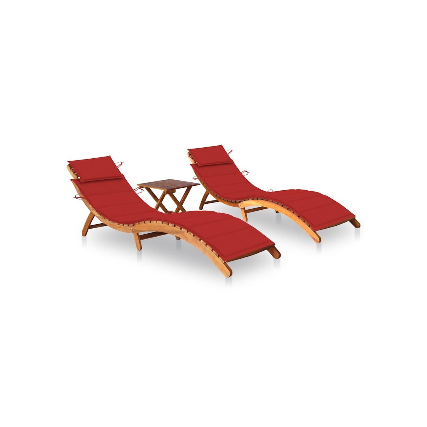 Chaises longues lot de 2 avec table et coussins Acacia solide