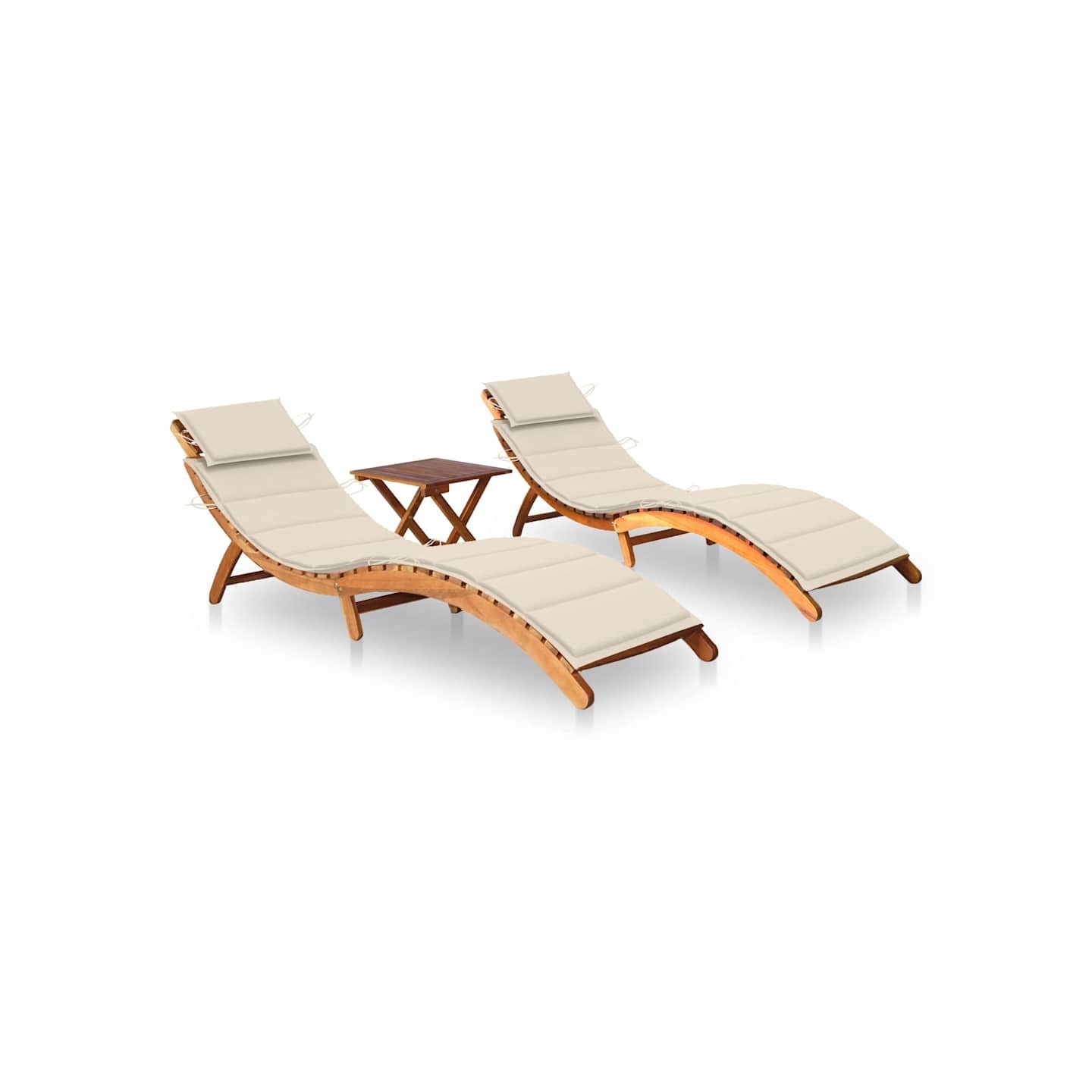 Chaises longues lot de 2 avec table et coussins Acacia solide
