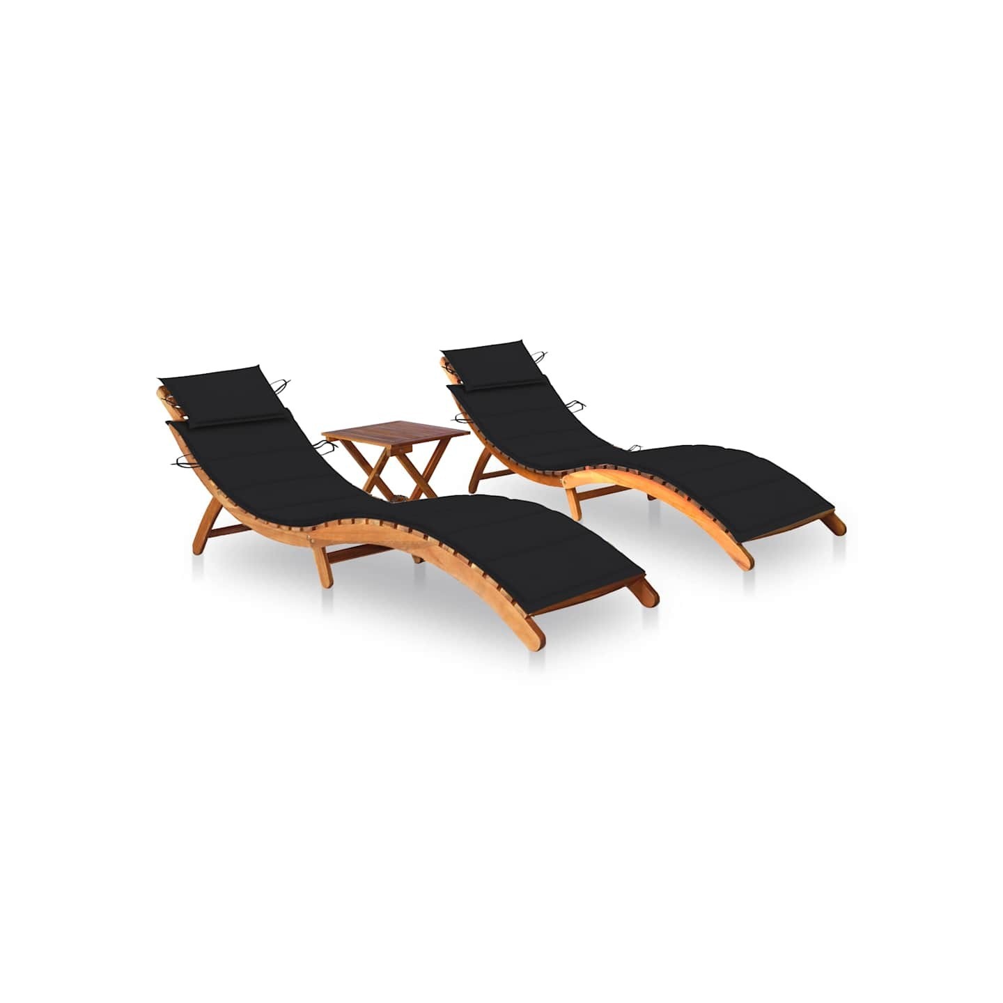 Chaises longues lot de 2 avec table et coussins Acacia solide
