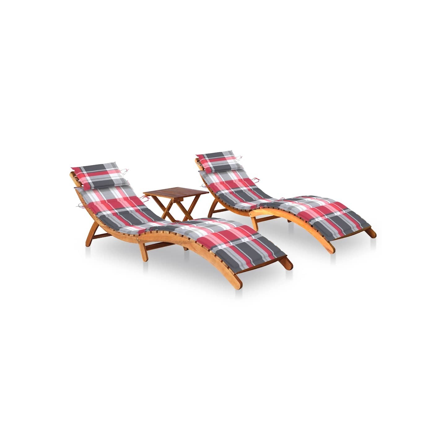 Chaises longues lot de 2 avec table et coussins Acacia solide