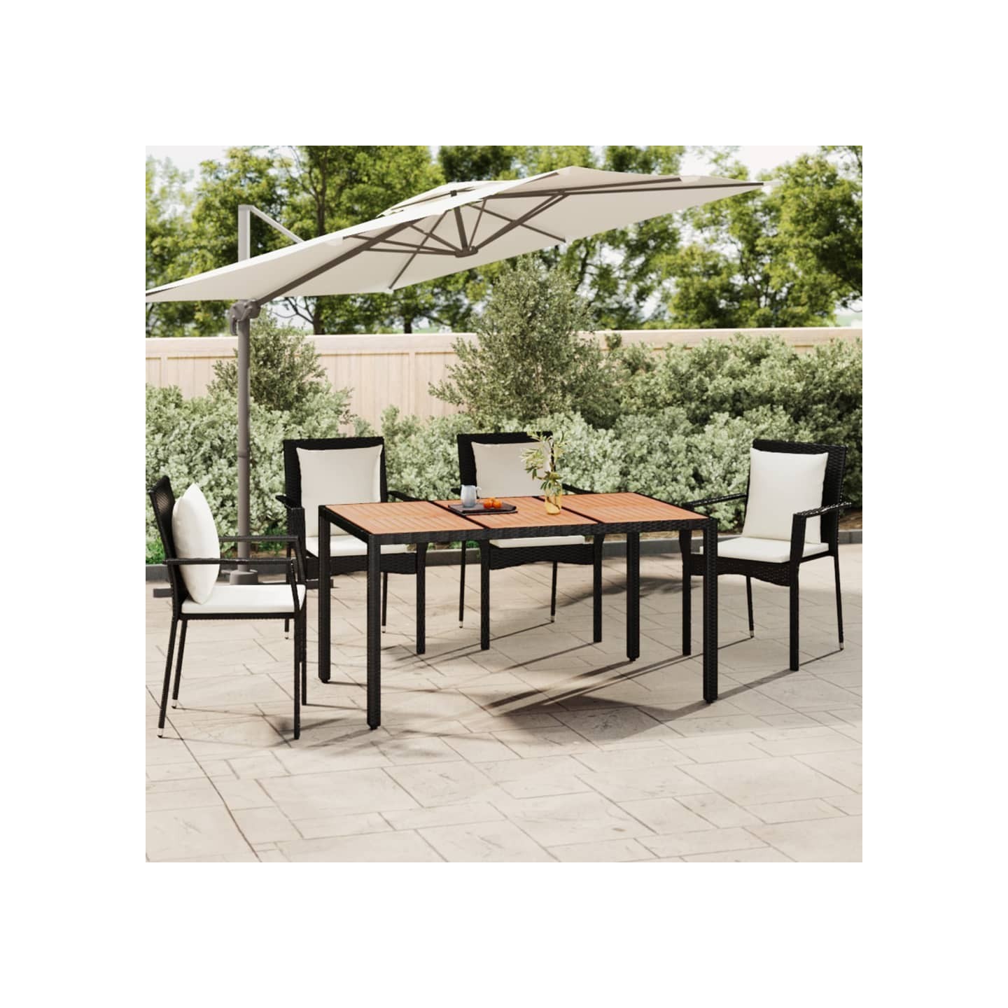 Table de jardin plateau en bois Noir Résine tressée bois massif
