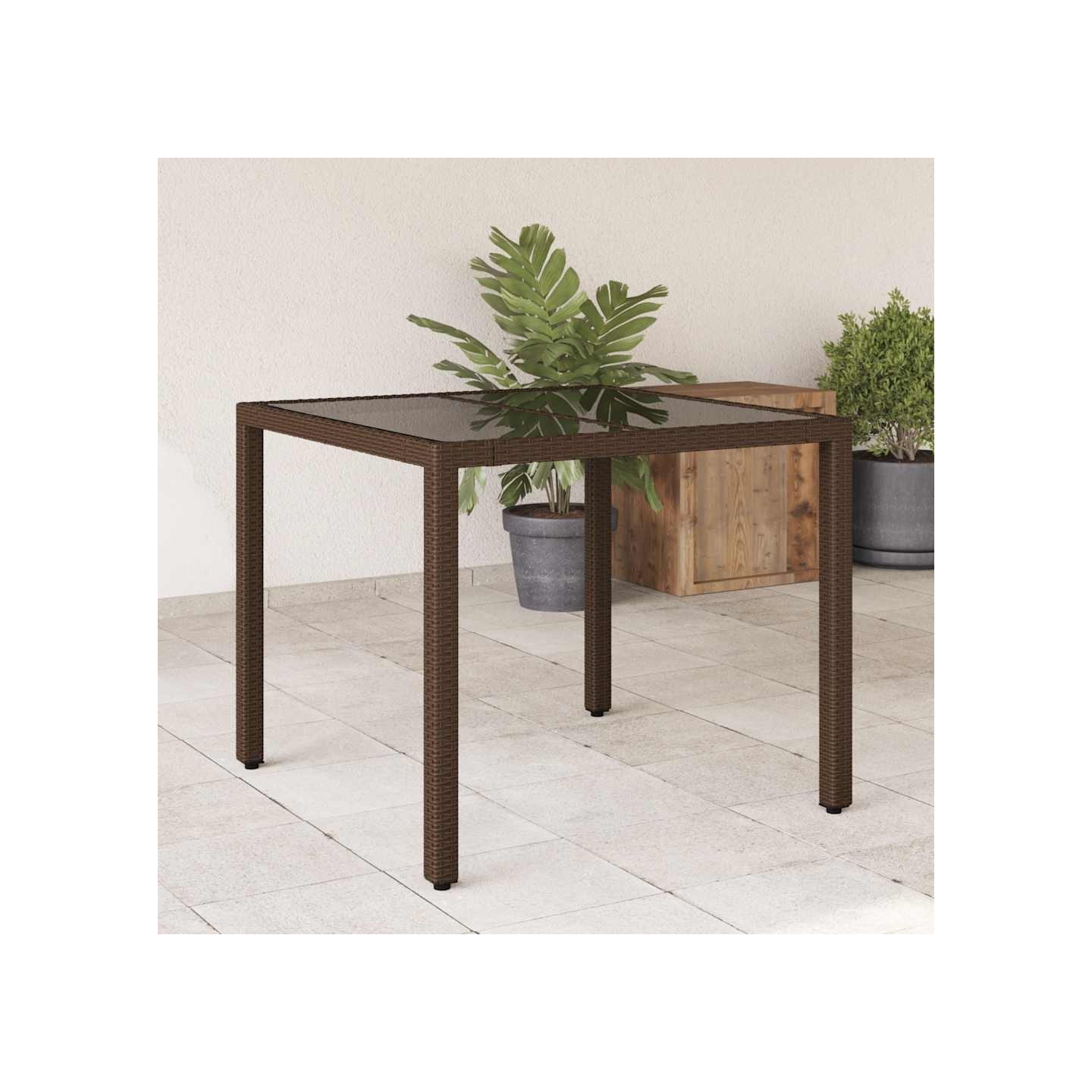 Table de jardin avec dessus en verre marron résine tressée
