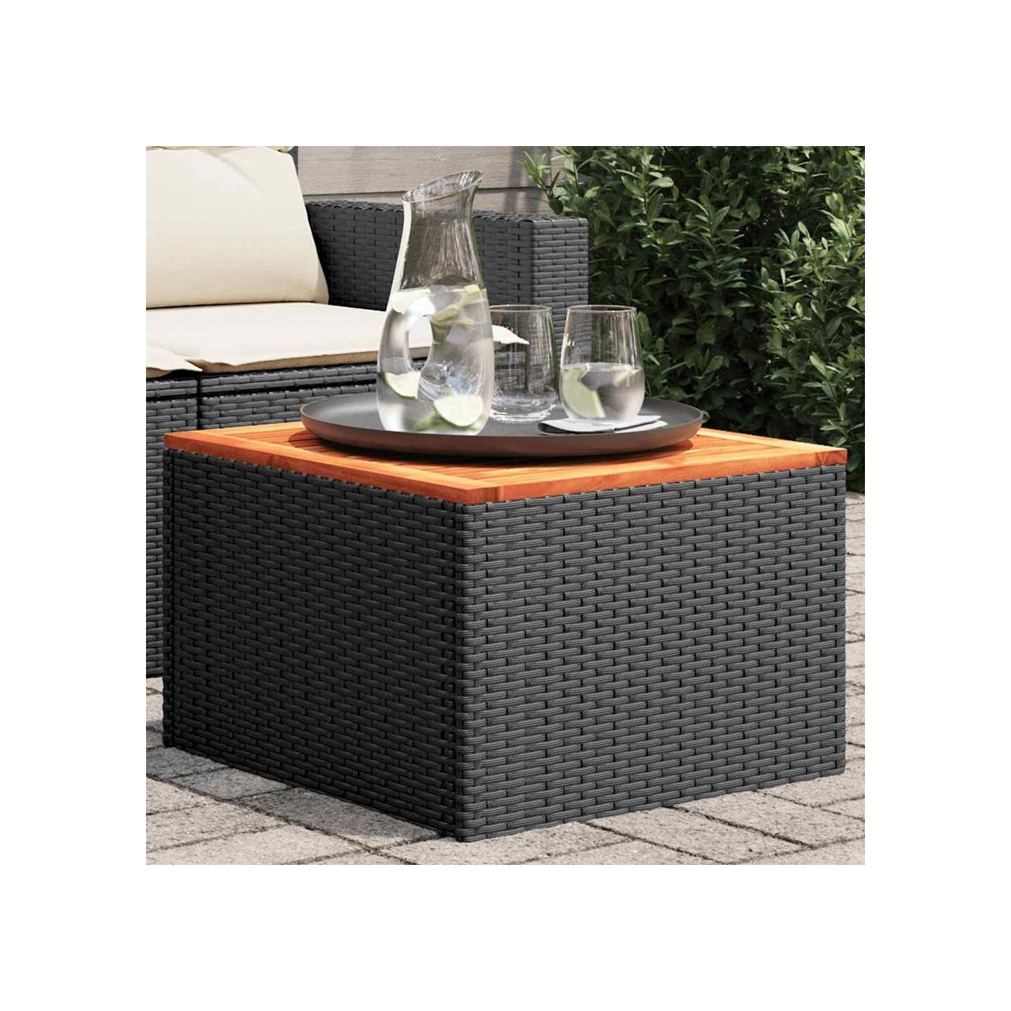 Table de jardin noire 55x55x37 cm résine tressée&bois d'acacia