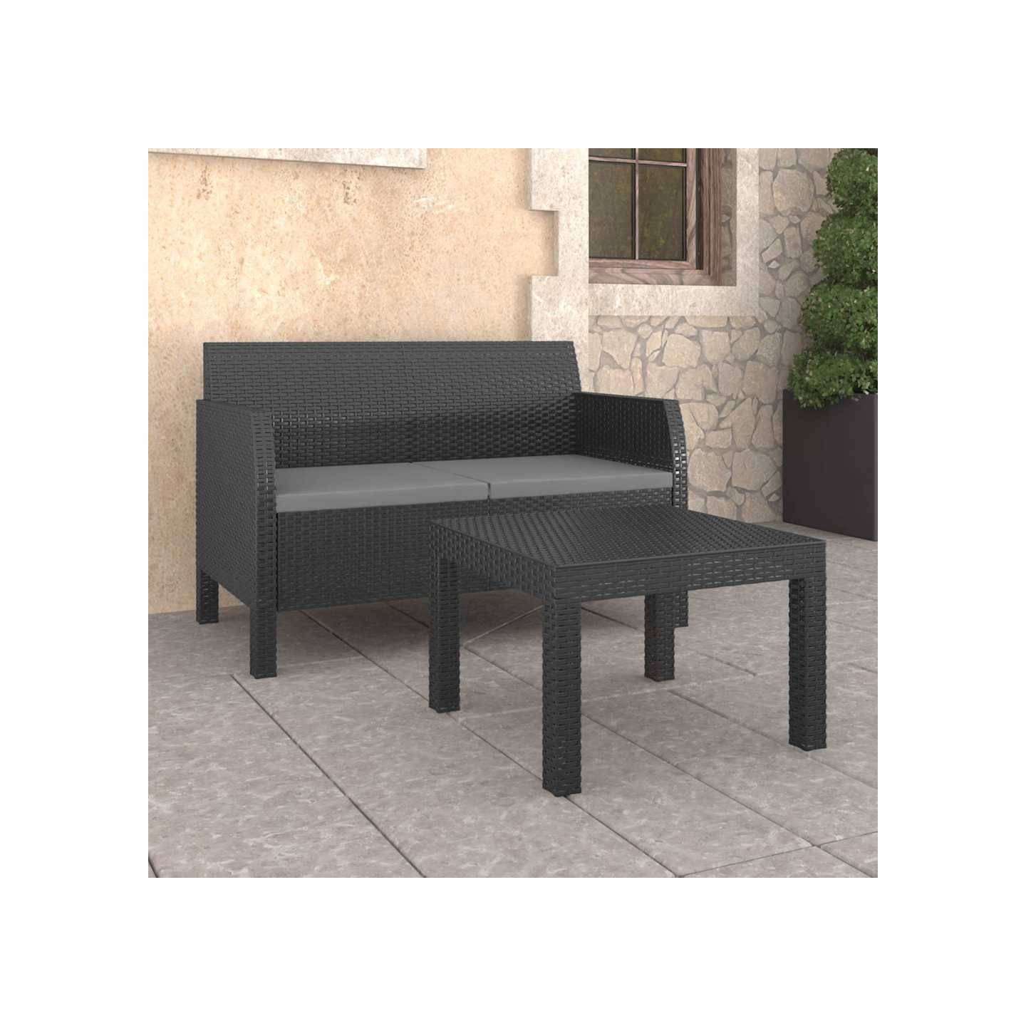 Salon de jardin 2 pcs avec coussins PP Rotin Anthracite