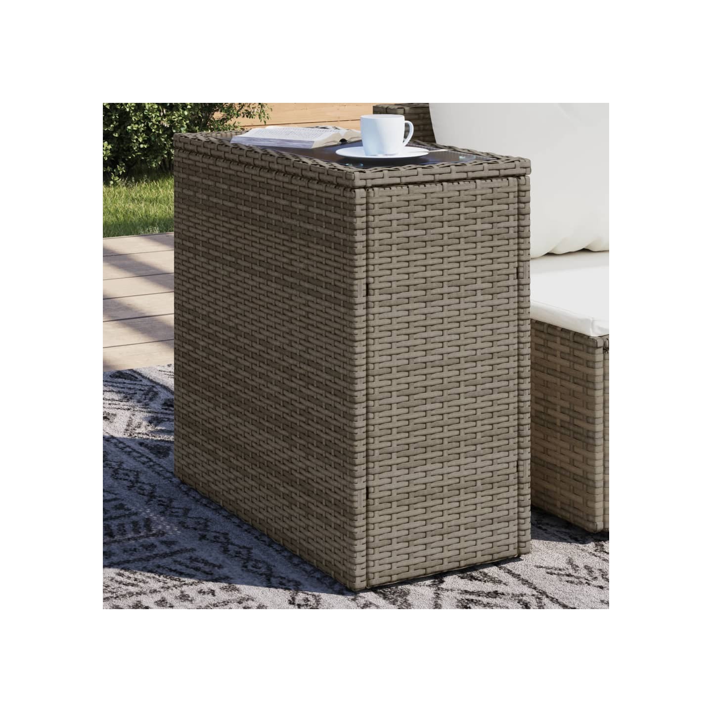 Table d'appoint de jardin avec dessus en verre gris rotin