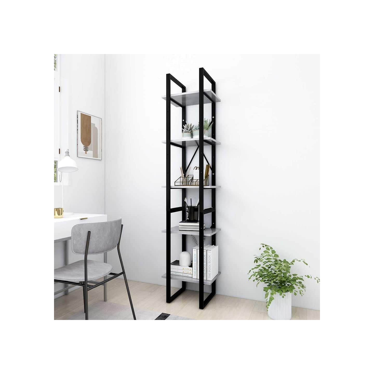 Bibliothèque à 5 niveaux Gris béton 40x30x175cm Bois ingénierie