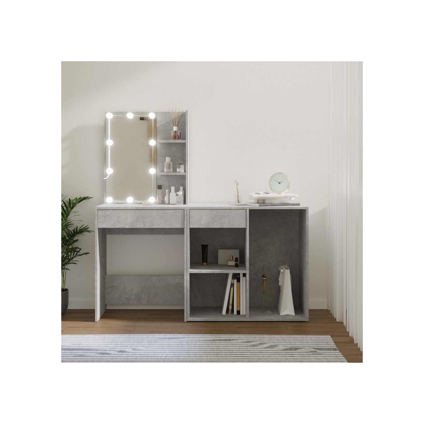 Coiffeuse à LED avec armoire Gris béton Bois d'ingénierie