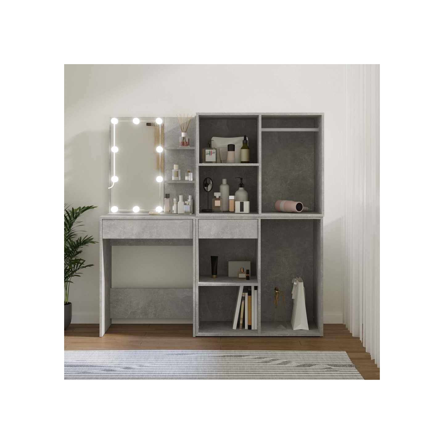 Coiffeuse à LED avec 2 armoires Gris béton Bois d'ingénierie