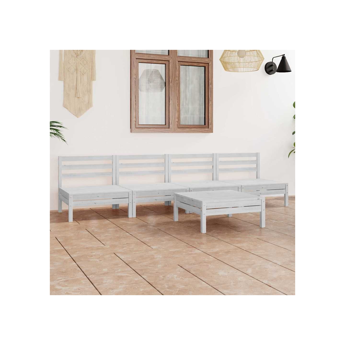 Salon de jardin 5 pcs Blanc Bois de pin massif