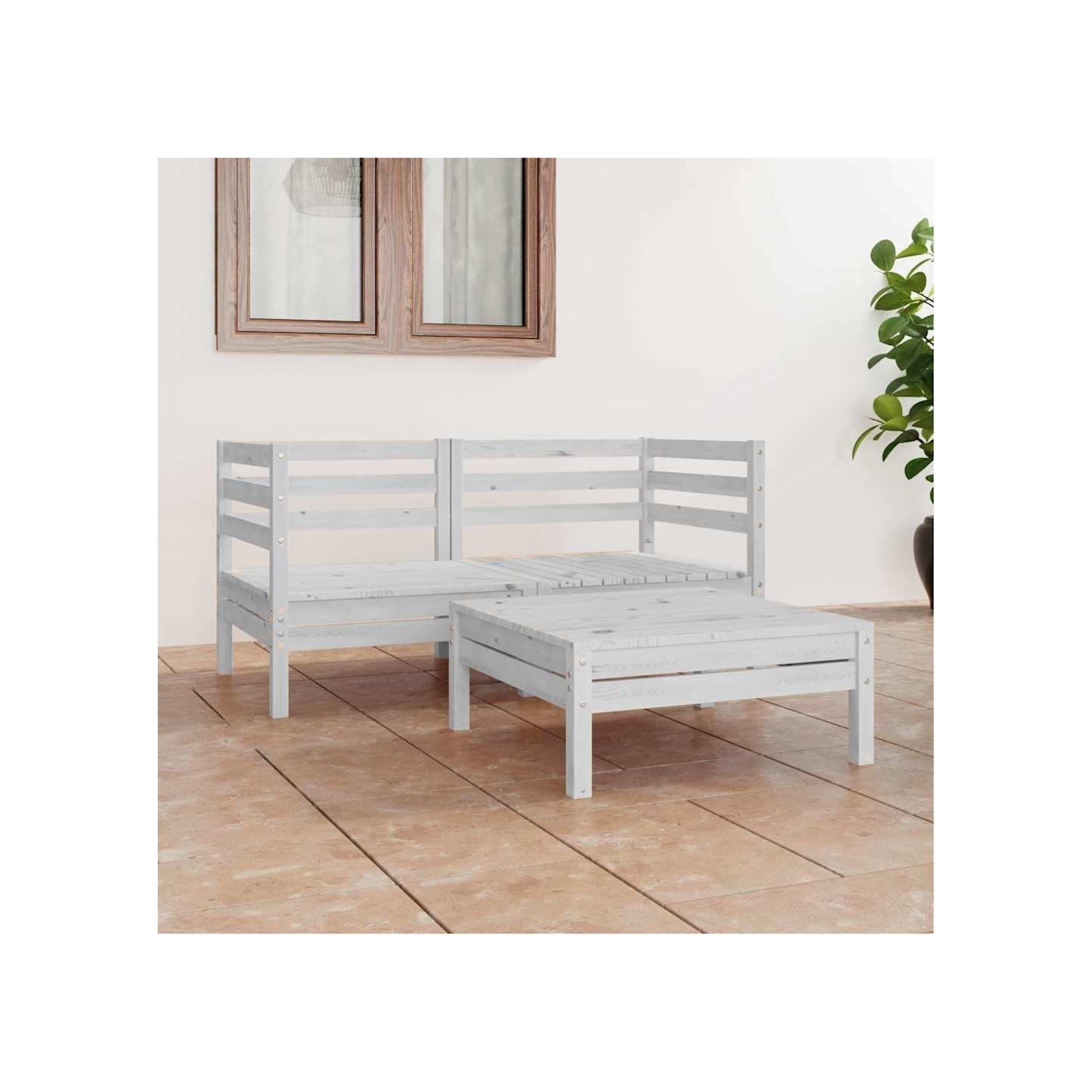 Salon de jardin 3 pcs blanc bois de pin massif