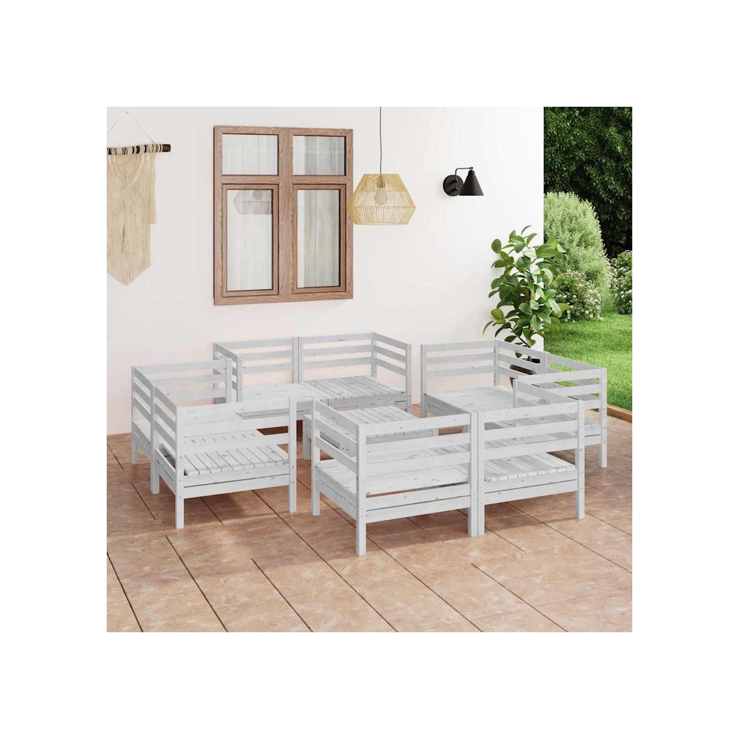 Salon de jardin 9 pcs blanc bois de pin massif