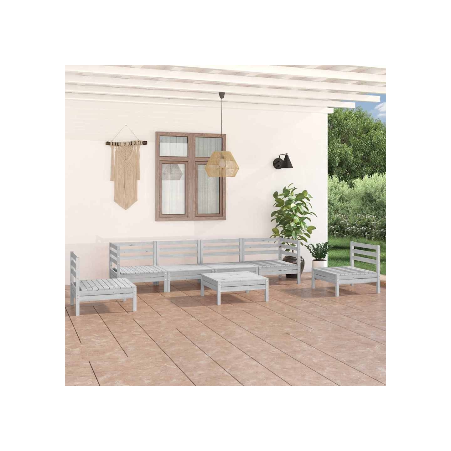 Salon de jardin 7 pcs Blanc Bois de pin massif