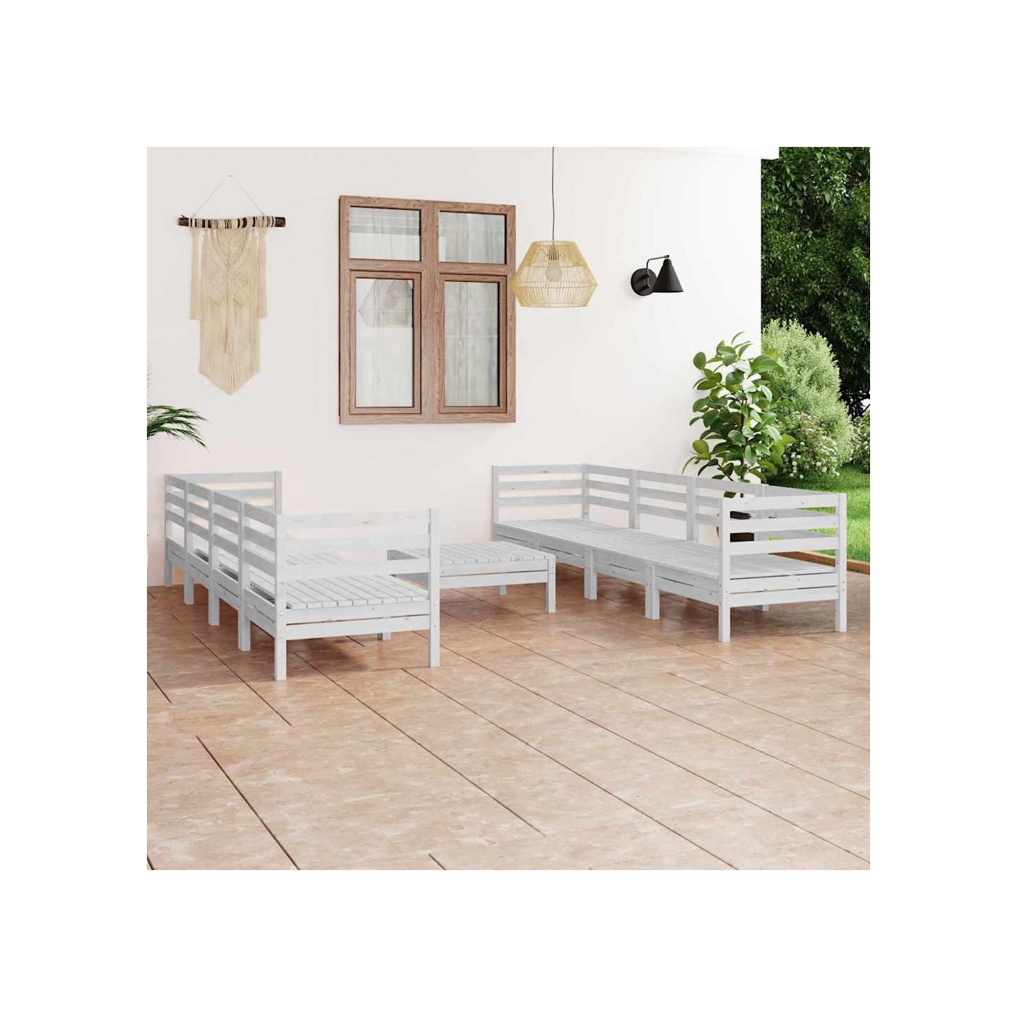 Salon de jardin 9 pcs Blanc Bois de pin massif