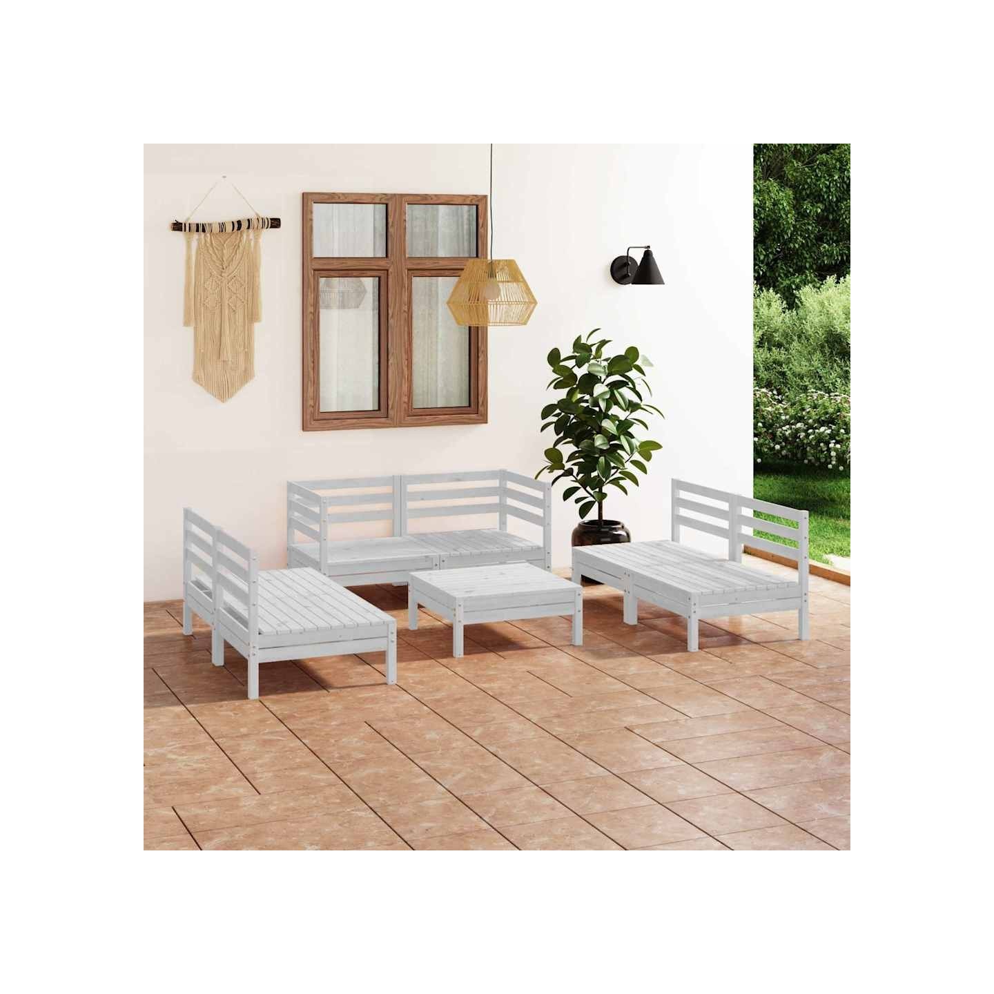 Salon de jardin 7 pcs Blanc Bois de pin massif