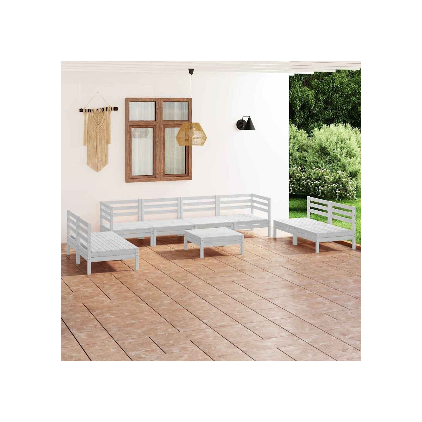 Salon de jardin 9 pcs Blanc Bois de pin massif