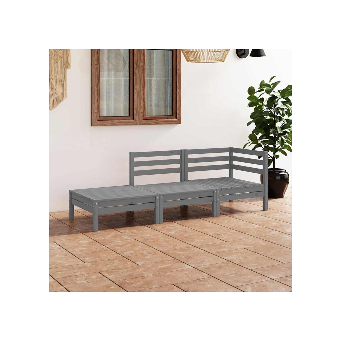 Salon de jardin 3 pcs Gris Bois de pin massif