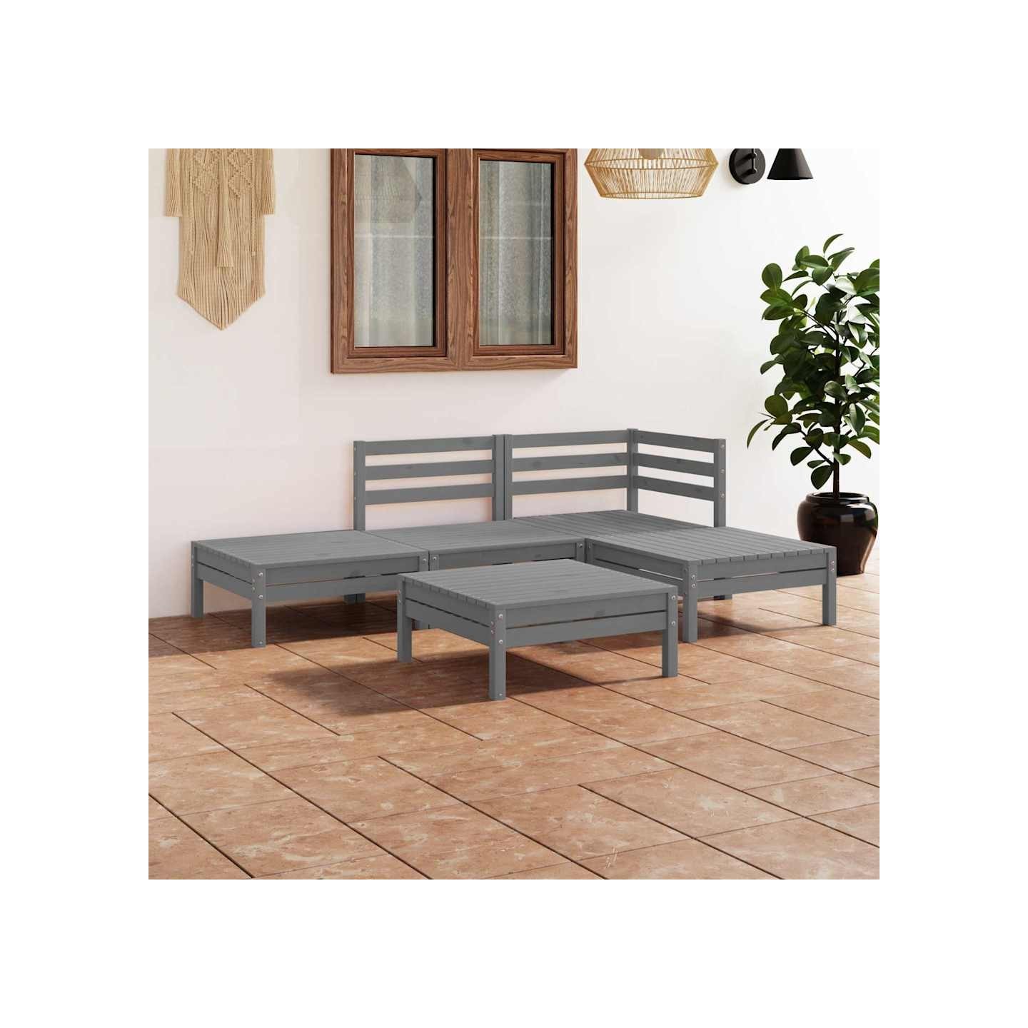Salon de jardin 5 pcs Bois de pin massif Gris