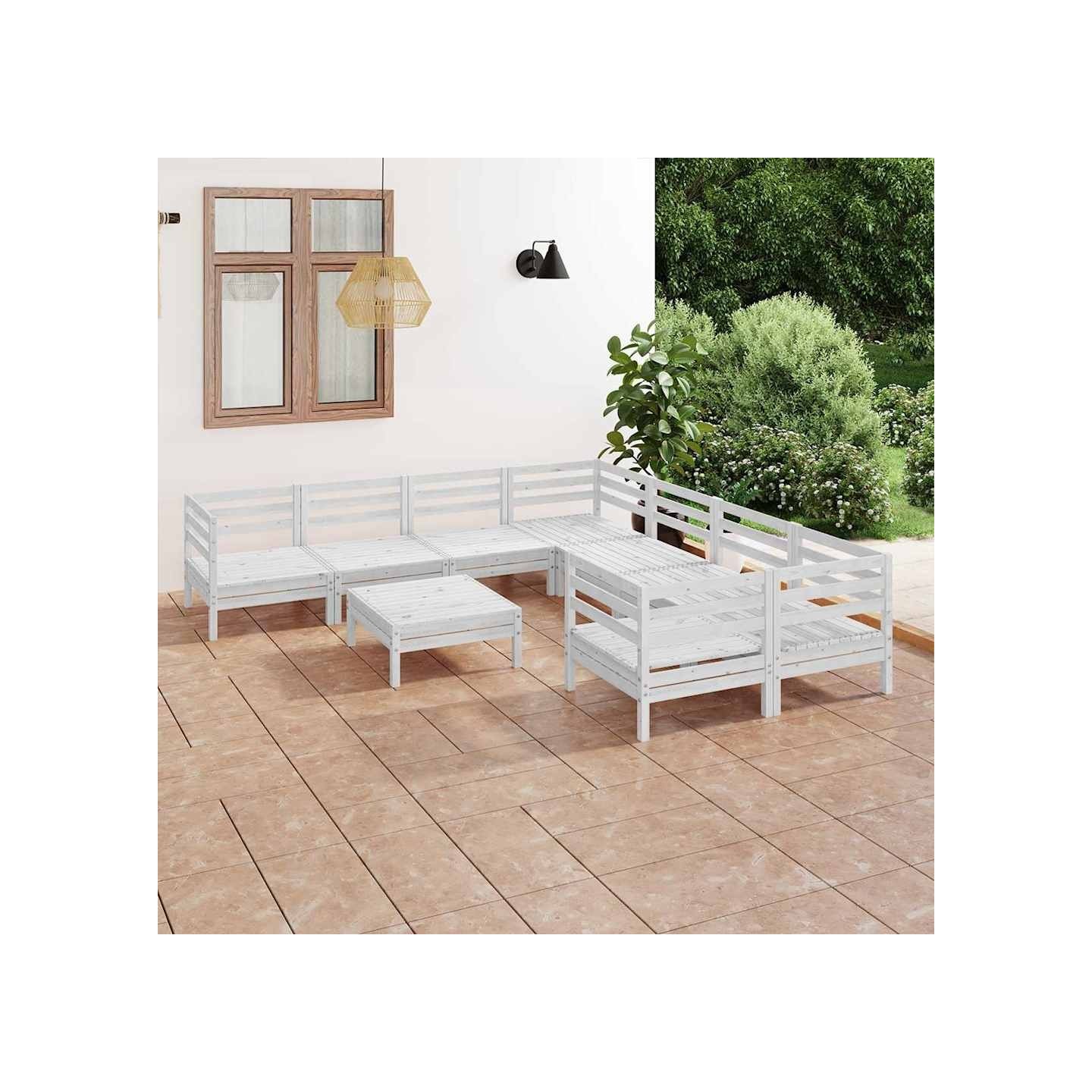 Salon de jardin 9 pcs Blanc Bois de pin massif