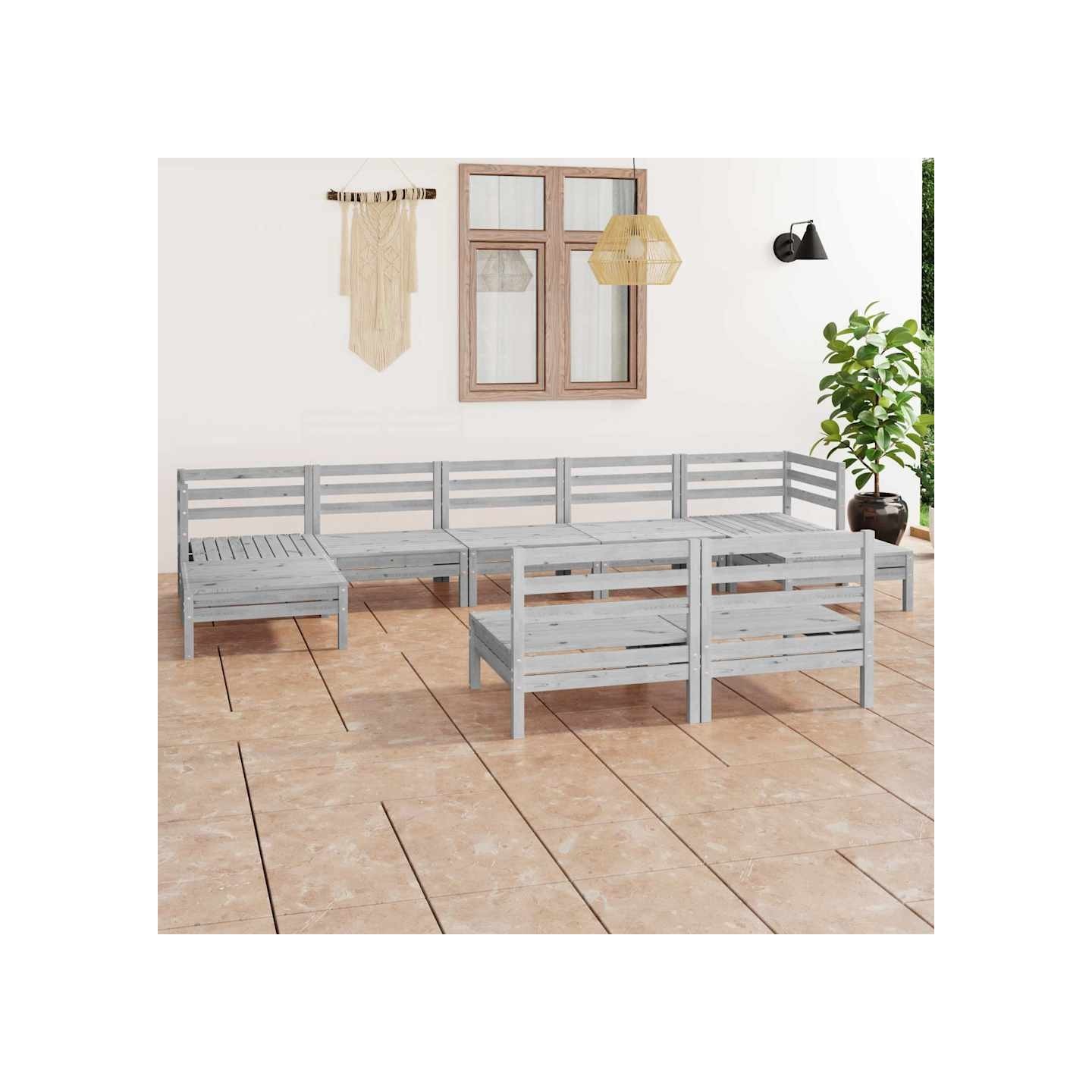 Salon de jardin 9 pcs Blanc Bois de pin massif