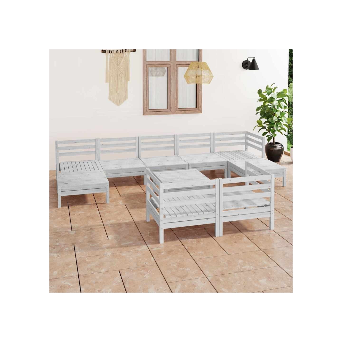 Salon de jardin 10 pcs Blanc Bois de pin massif