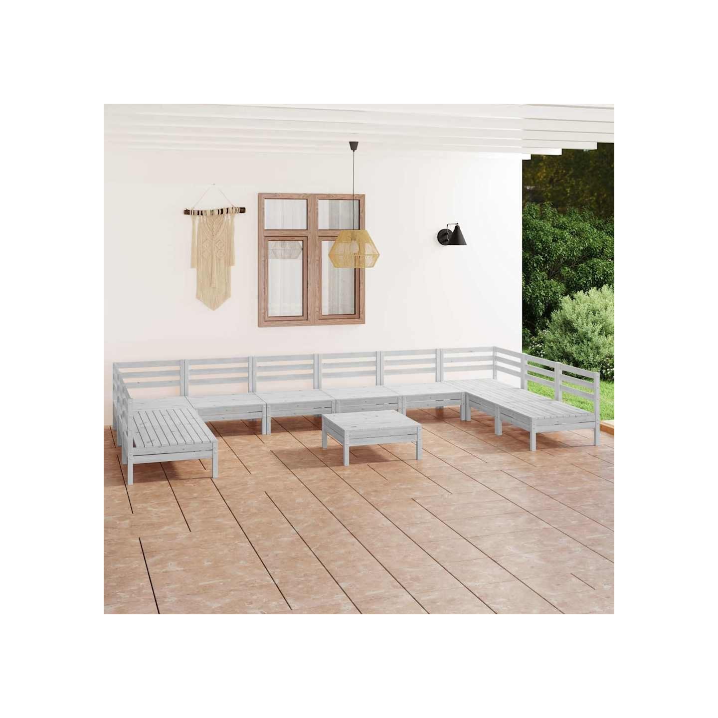 Salon de jardin 11 pcs Blanc Bois de pin massif