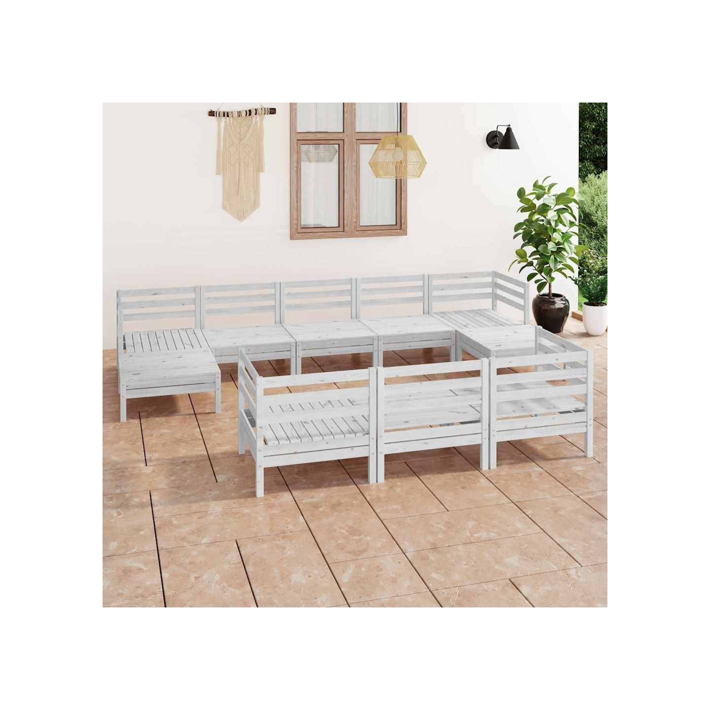 Salon de jardin 10 pcs Blanc Bois de pin massif